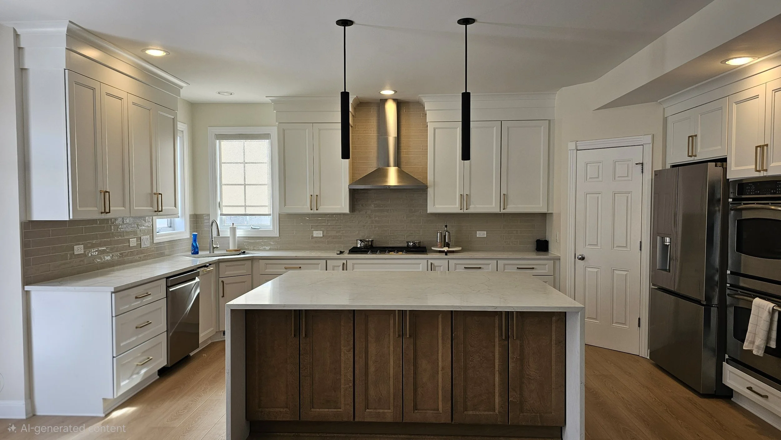 Modern kitchen with white cabinets, stainless steel appliances, a central island with dark wood cabinets, beige brick backsplash, and pendant lights.