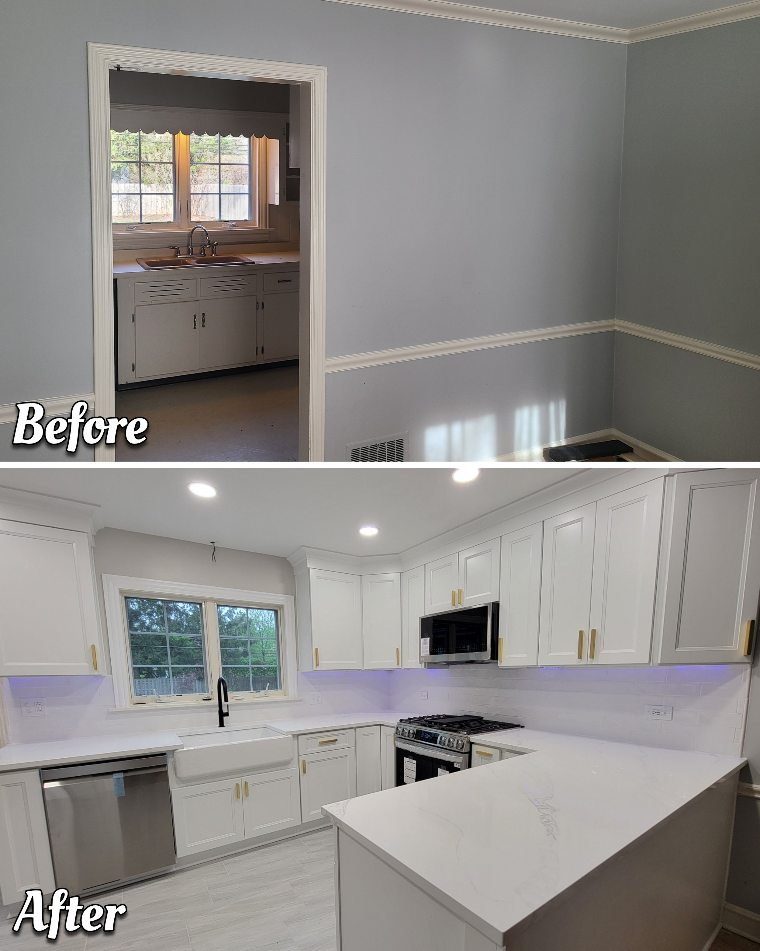 Before and after of a 1950s kitchen remodel in Arlington Heights, transforming an outdated layout into an open kitchen by removing a wall and adding a new peninsula, white cabinetry, modern quartz countertops, and new appliances.