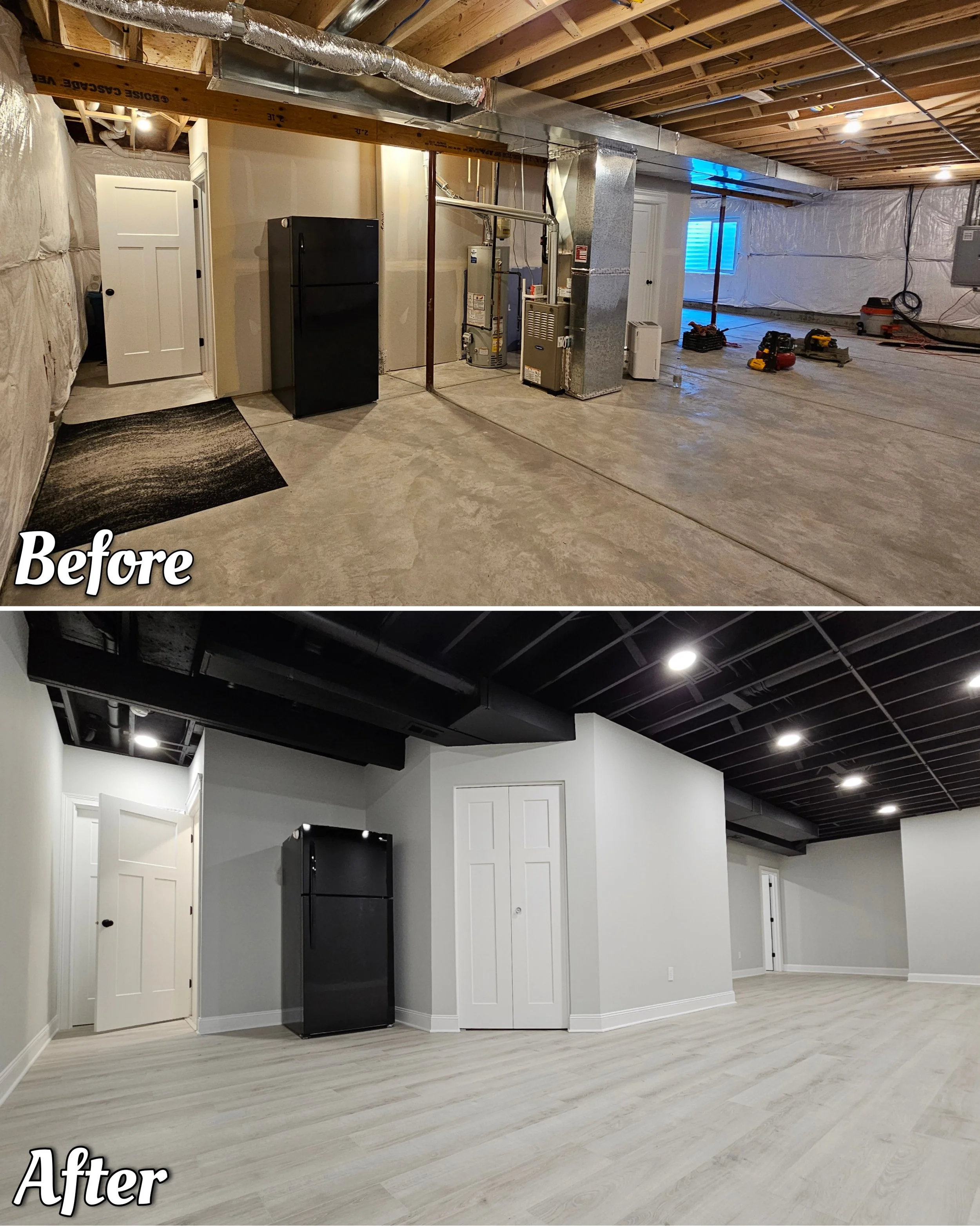 Before and after of a finished basement entertainment space in Hampshire, with modern lighting and open layout.