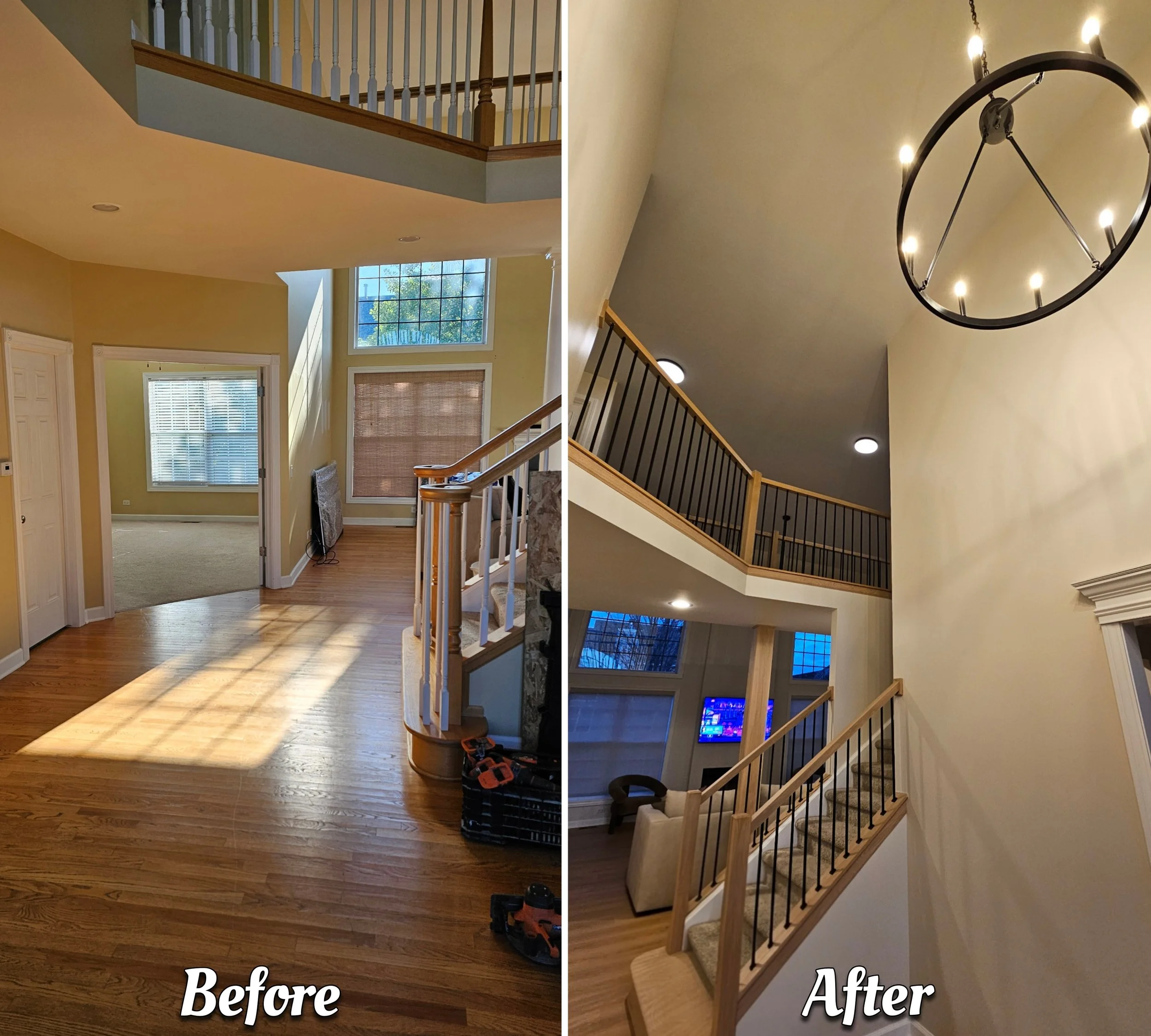 Comparison of a home's interior before and after renovation showing a staircase and large windows with changes in lighting, wall color, and decor.