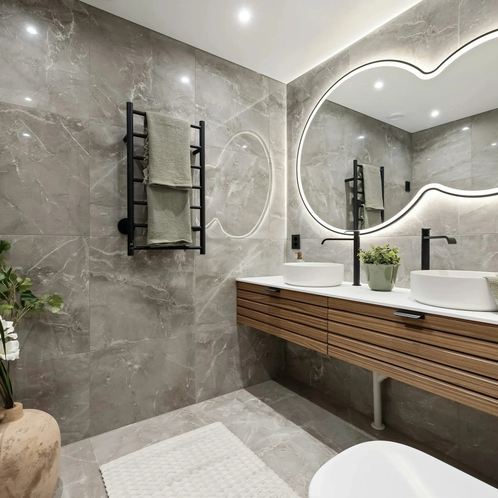 Modern bathroom with gray marble walls and floor, a large backlit mirror with an irregular shape, dual white vessel sinks on a floating wooden vanity, a black towel rack with gray towels, a potted green plant, and a small white textured rug.