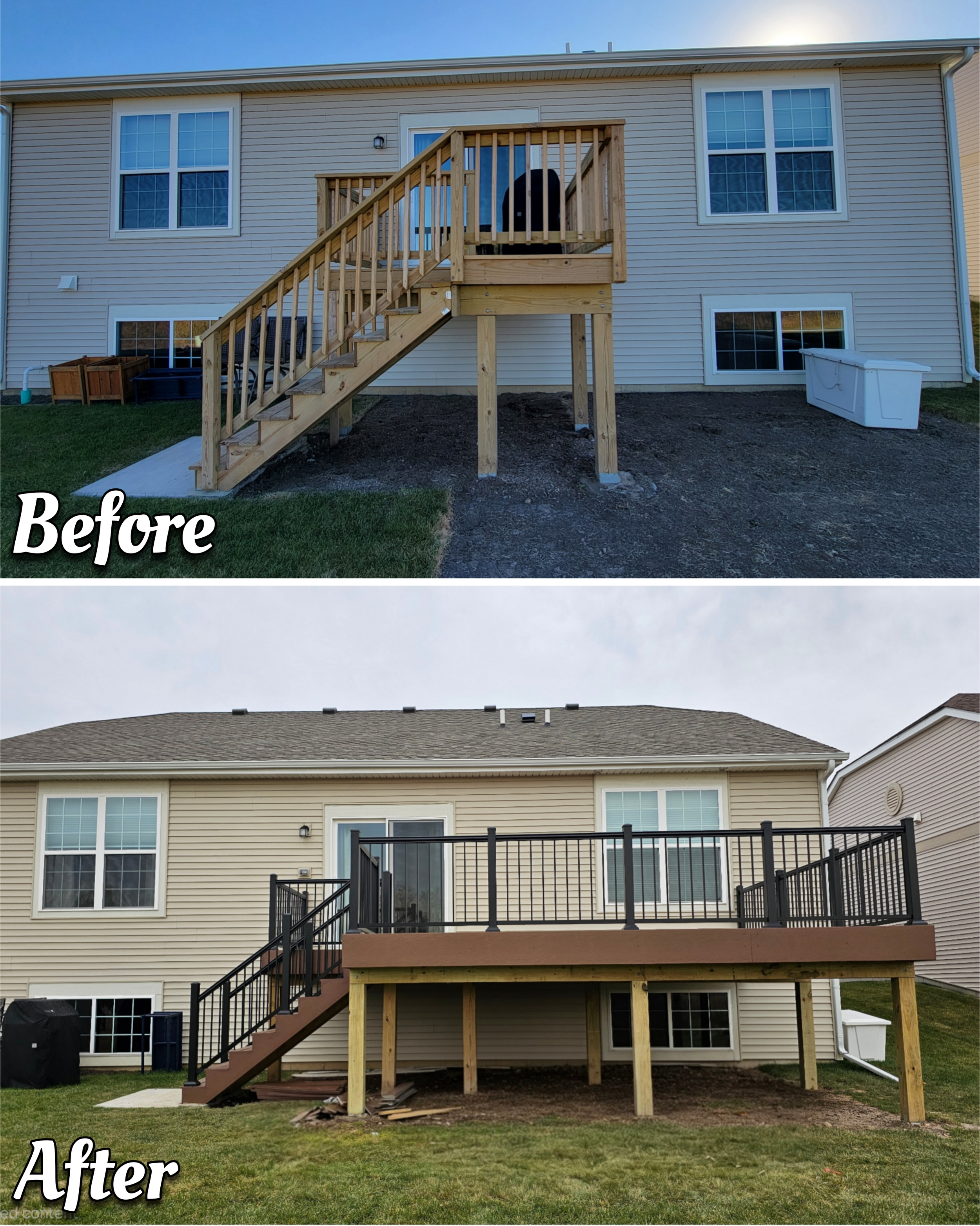 Before and after of a deck addition project in Huntley, transforming a small builder-spec wooden deck into a large functional deck with brown composite decking and black aluminum railings.