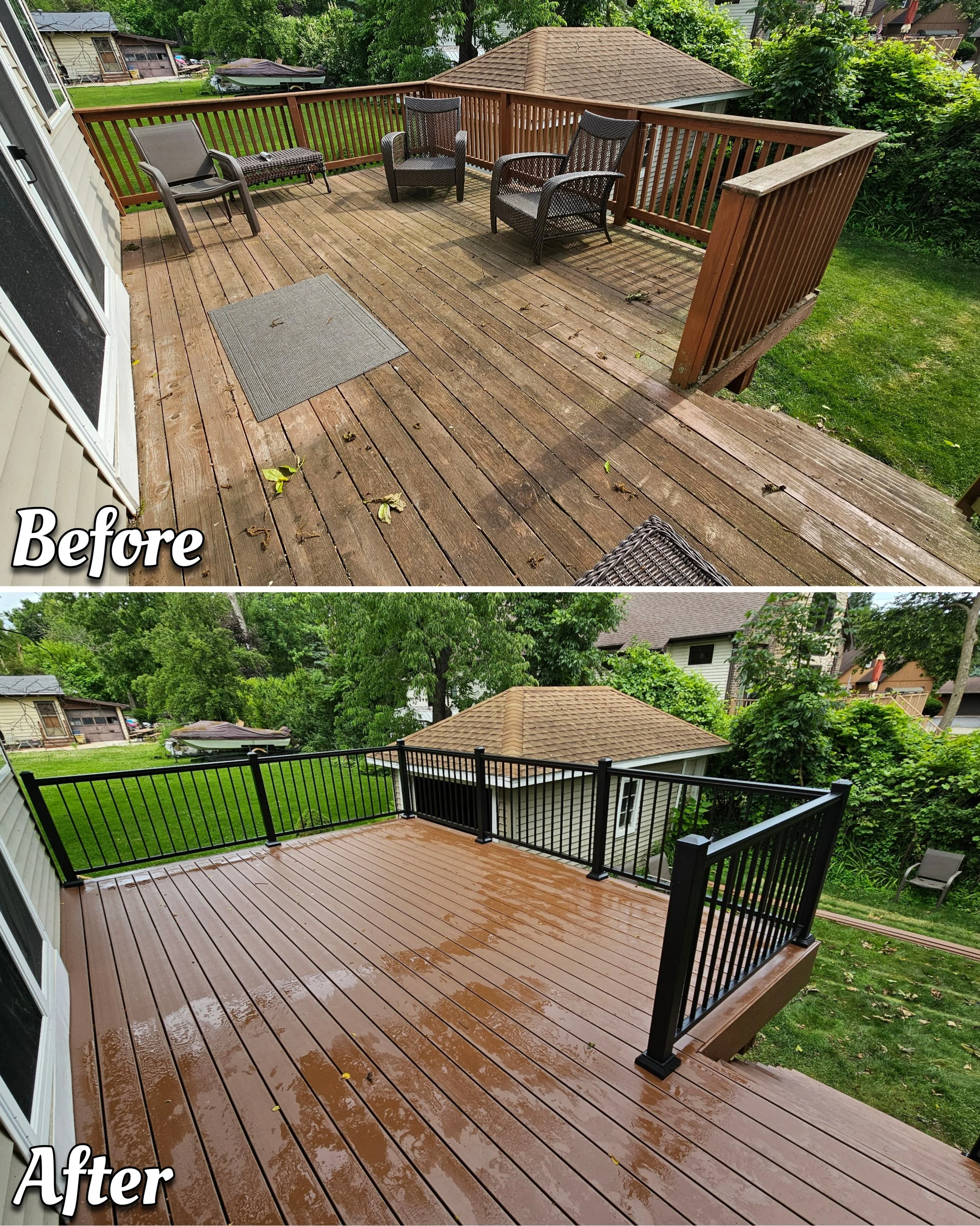 Before and after of a deck renovation project in Algonquin featuring new brown composite decking and black aluminum railings.