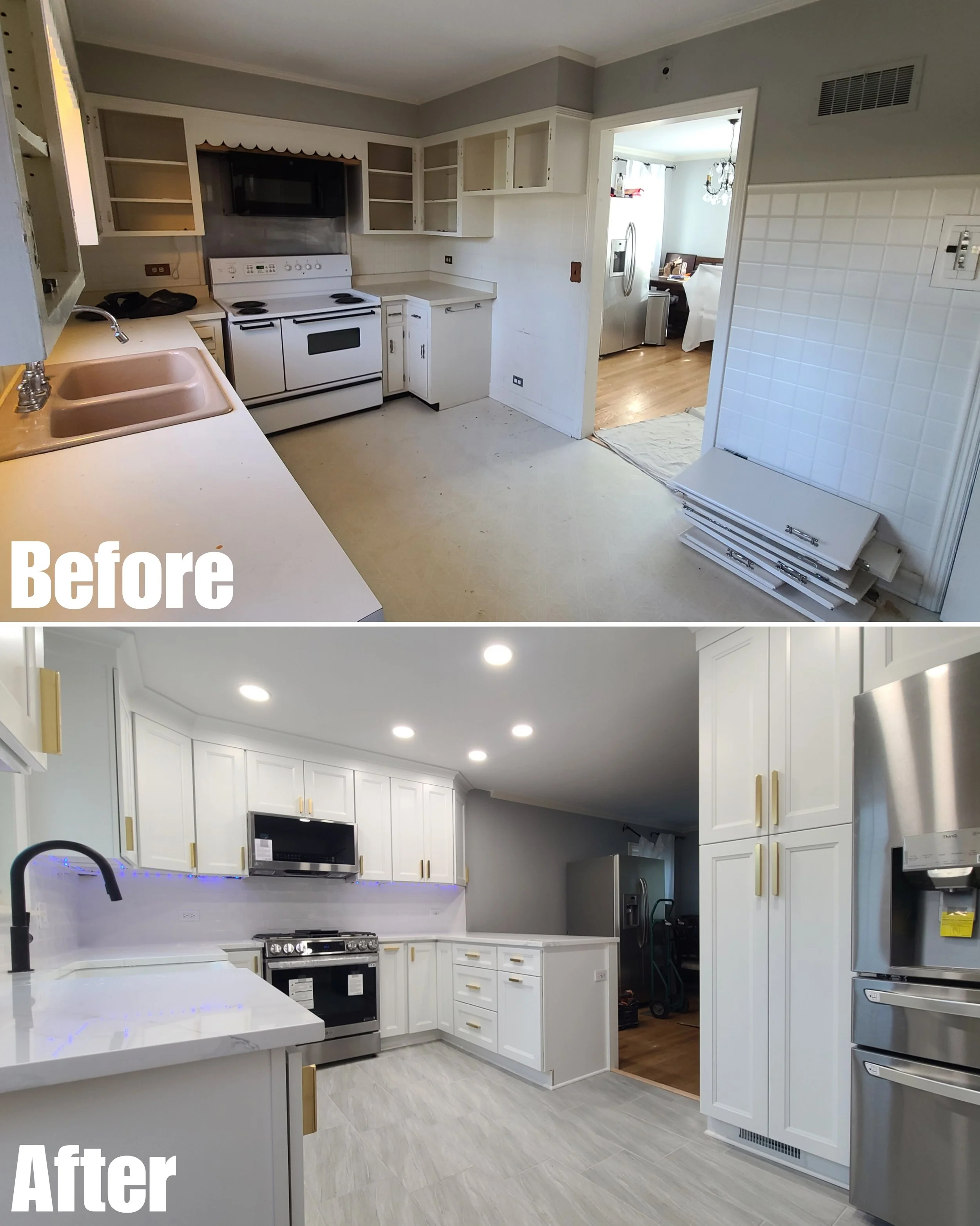 Before and after images of a kitchen renovation. The before image shows an outdated kitchen with white cabinets, a pink sink, and missing cabinet doors. The after image showcases a modern, bright kitchen with white cabinets, gold handles, stainless steel appliances, and under-cabinet lighting.