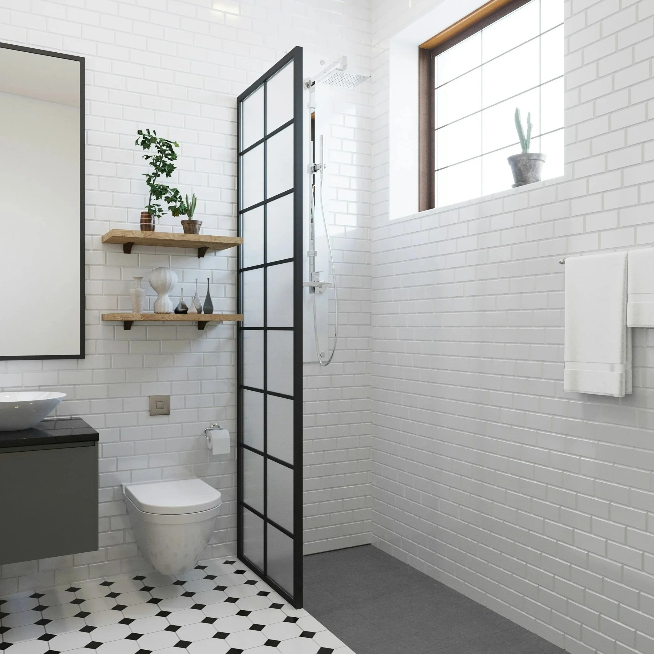 Modern bathroom with white brick walls, black and white hexagonal floor tiles, a small vanity with a vessel sink, a wall-mounted toilet, open wooden shelves with plants and decorative items, a black-metal-framed glass shower divider, a window with a potted plant on the sill, and a white towel on a wall-mounted towel rack.