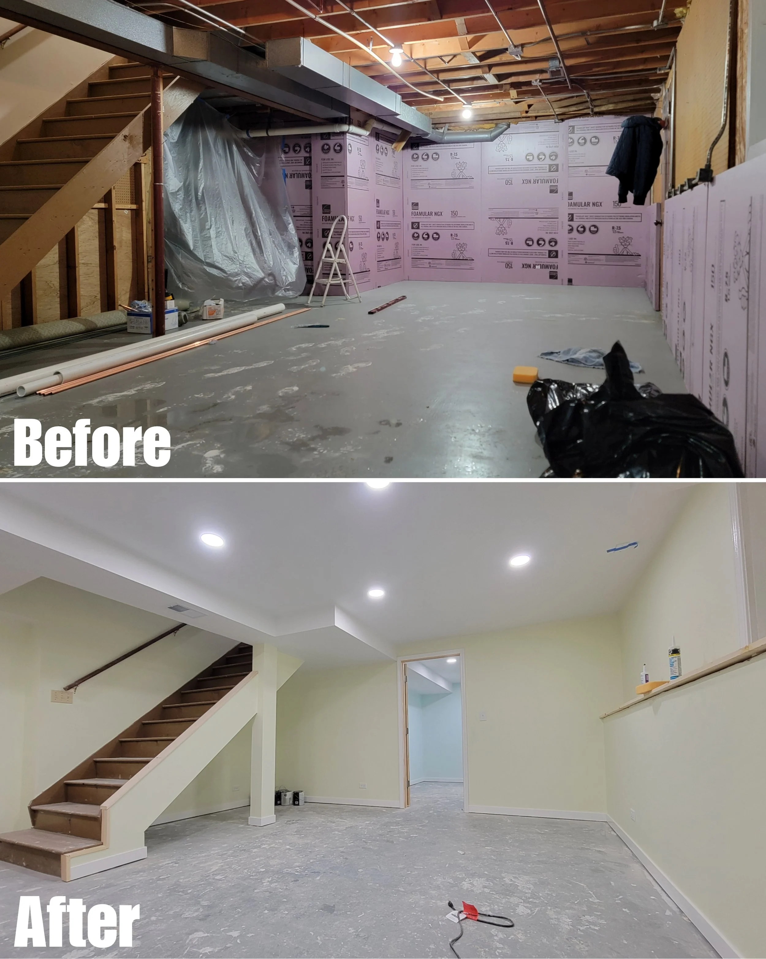 Construction renovation of a basement or lower level room before and after remodeling. Before image shows unfinished space with insulation, pipes, and construction materials. After image shows a finished, painted room with lighting, a staircase, and complete walls.