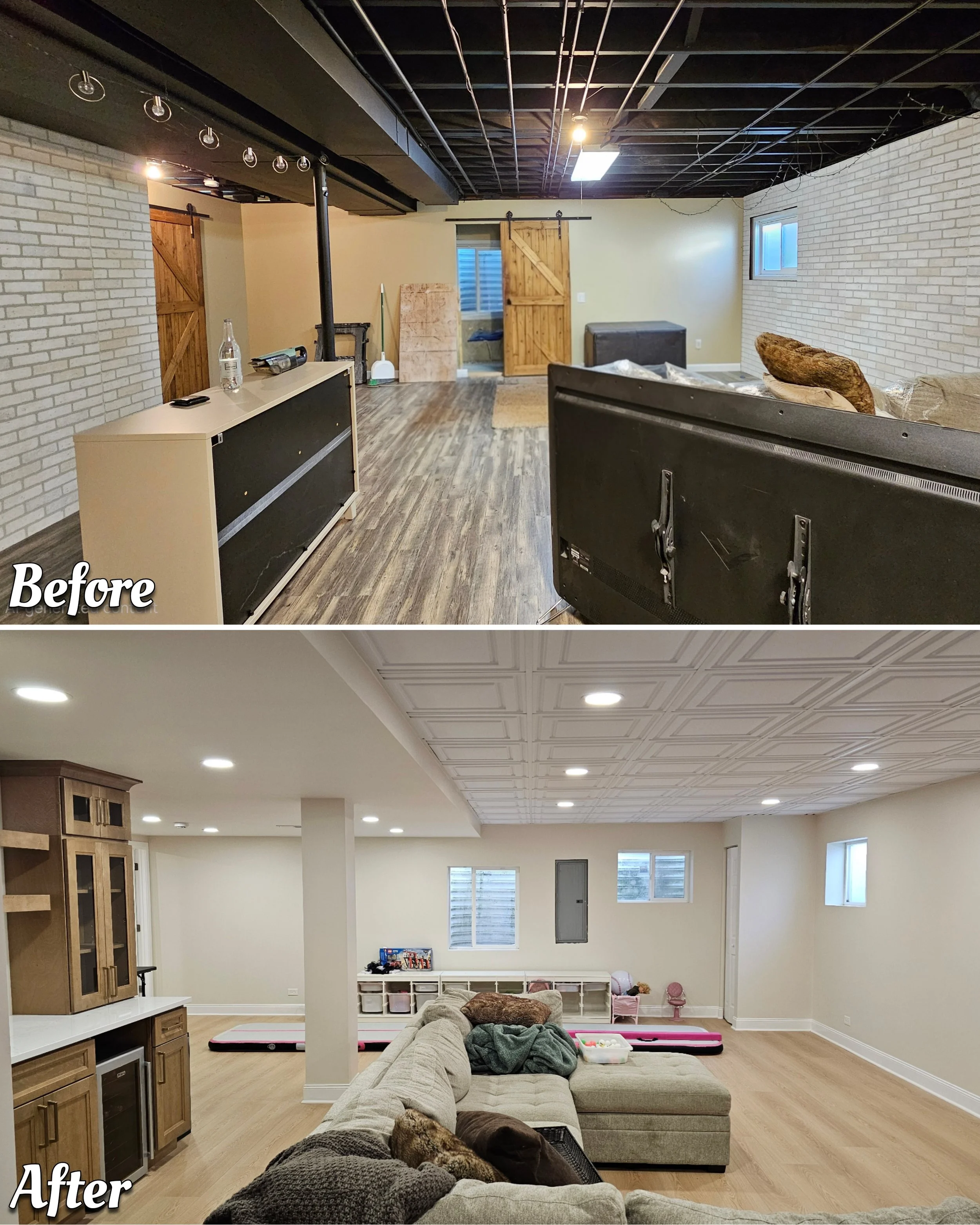 Comparison of basement before and after renovation showing an unfinished space with exposed black ceiling beams and brick walls in the before image, and a finished, bright, and cozy living area with a tiled ceiling, drywall walls, and a sectional sof