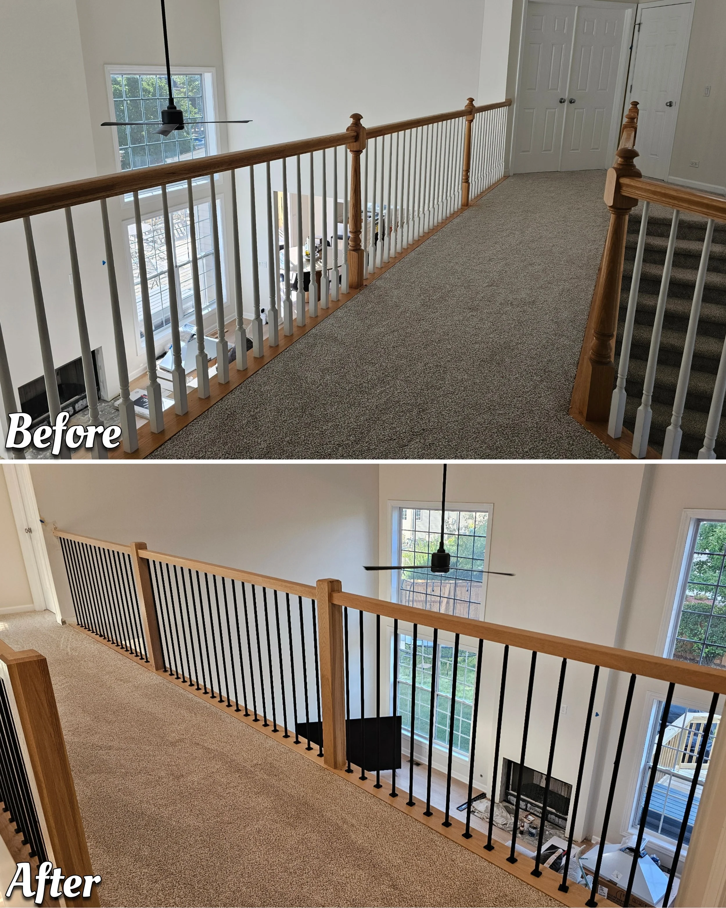 Comparison of a hallway railing before and after painting, showing the addition of a black railing on the top section in the after image.