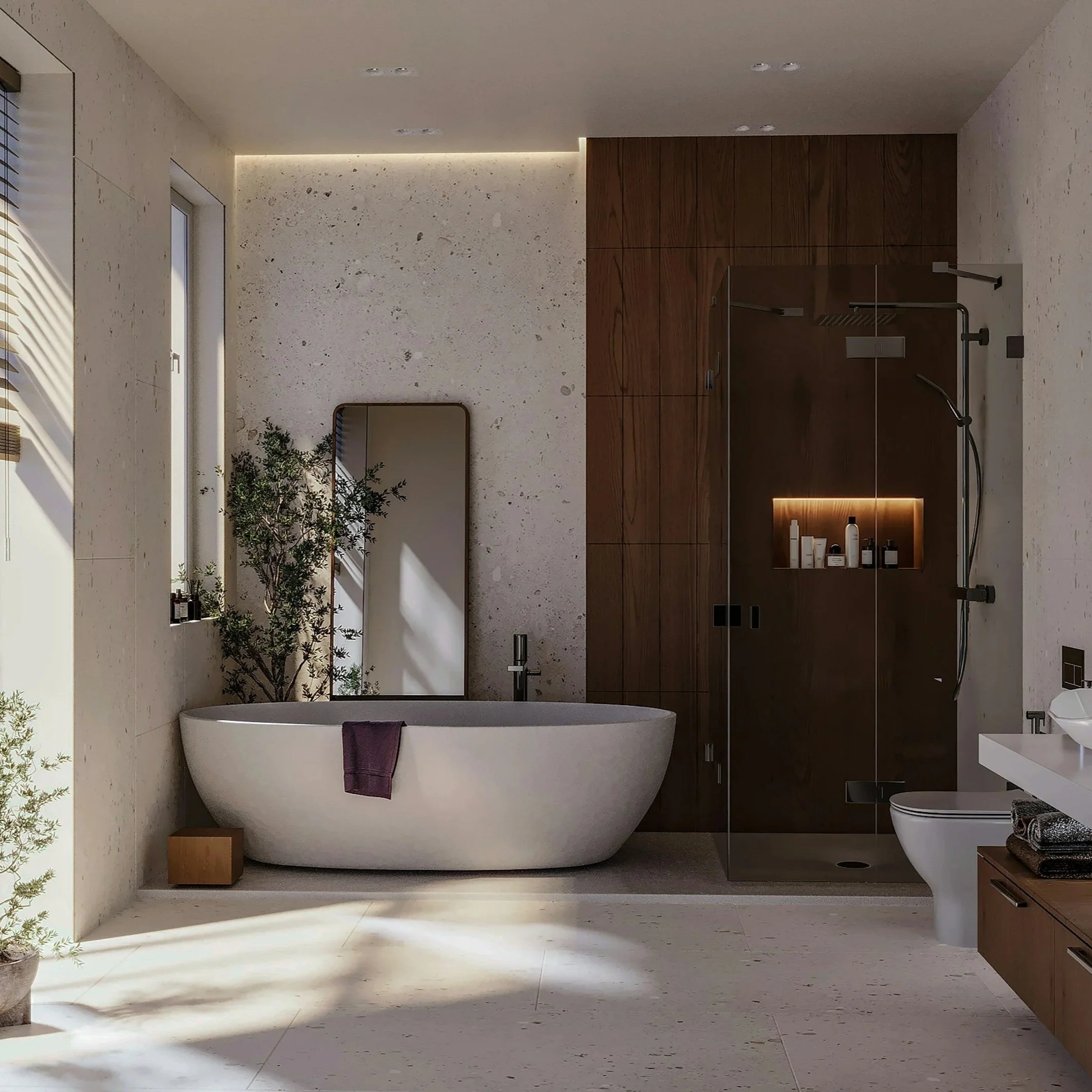 Modern bathroom with freestanding bathtub, tall mirror, indoor plants, glass shower enclosure with built-in shelf, and a toilet, featuring neutral-colored tiles and wooden accents.