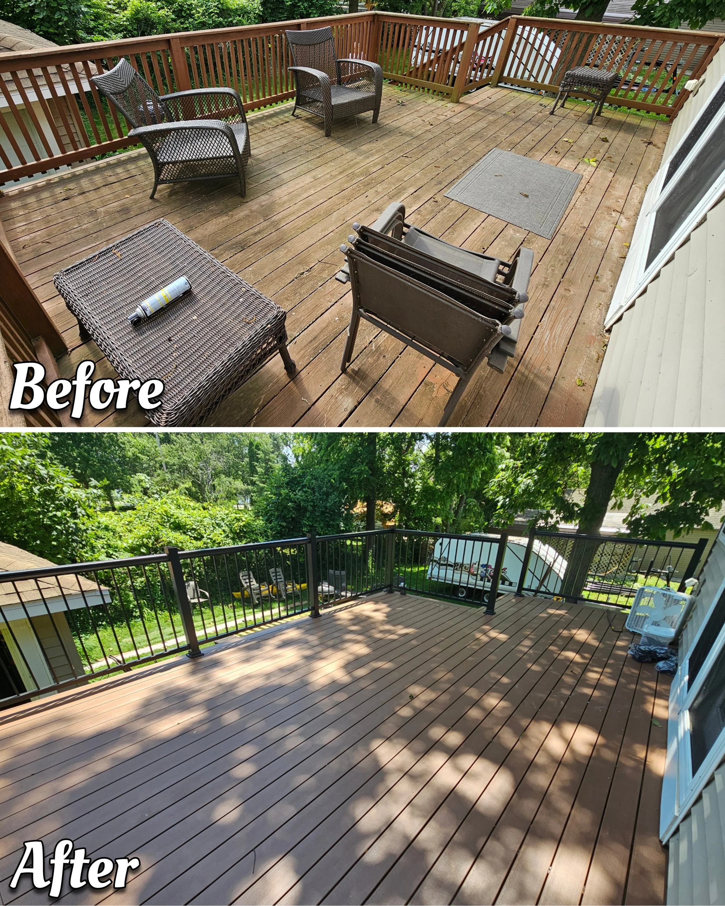 Comparison of a weathered wooden deck before and after cleaning and refinishing; the top image shows a deck with dirty, worn wood and outdoor furniture, while the bottom image shows a clean, freshly stained deck with a new black metal railing.