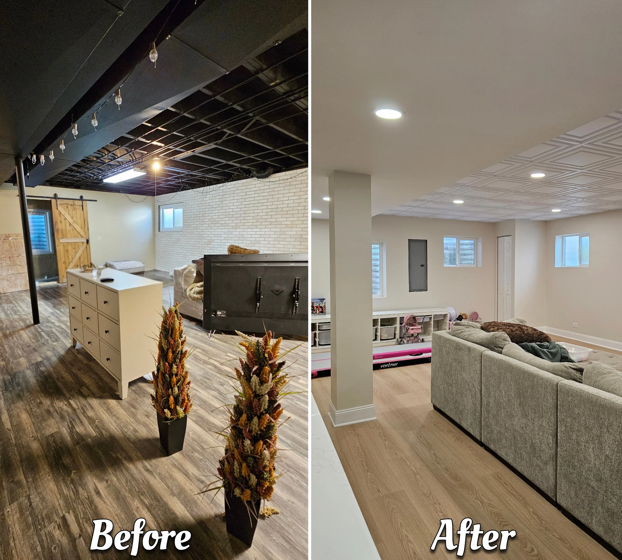 Comparison of a basement before and after renovation. The 'Before' shows a basement with unfinished ceiling, wood flooring, a white dresser, and decorative plants. The 'After' shows a finished, bright basement with a dropped ceiling, light-colored wa