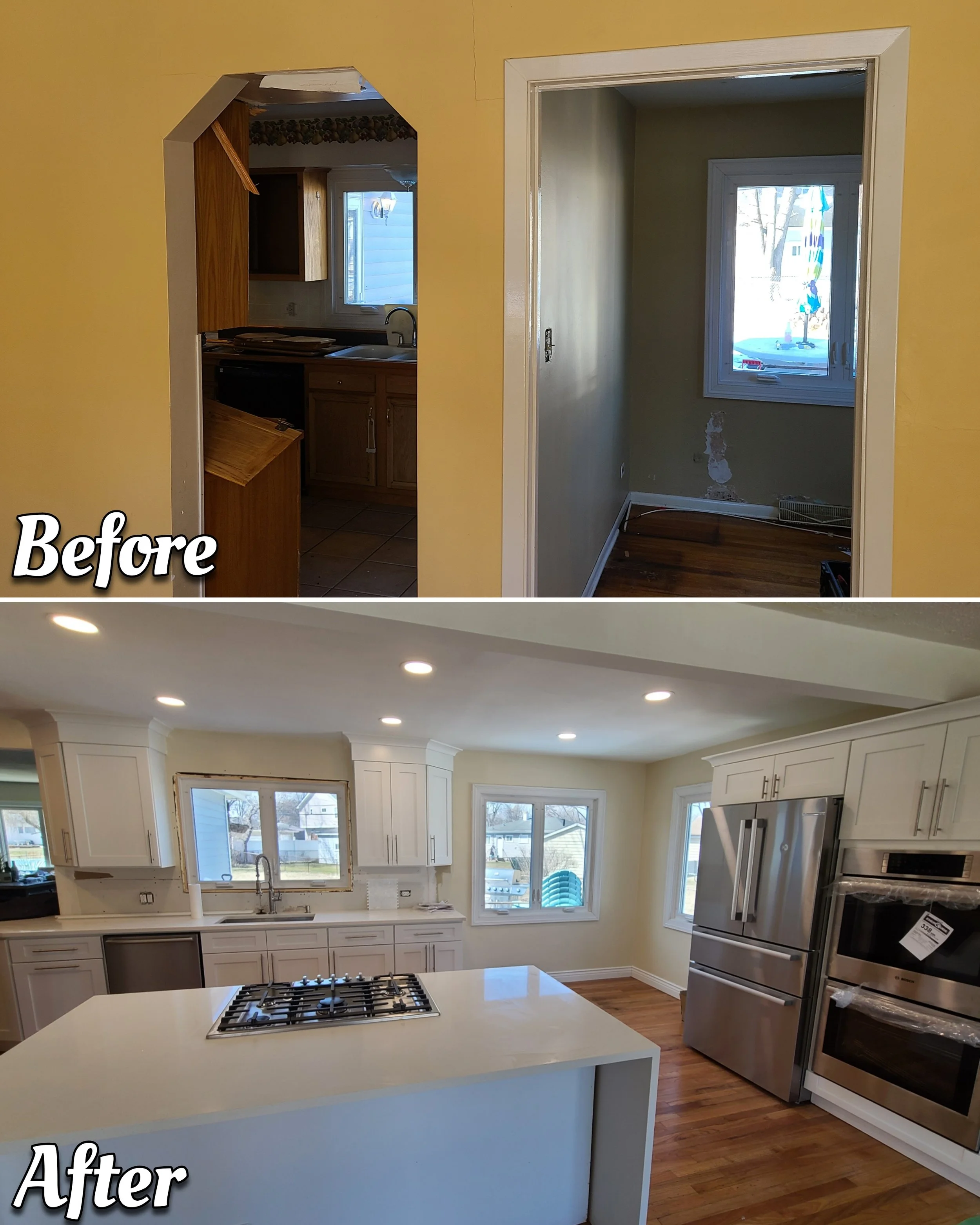 Comparison of a kitchen before and after renovation; the before image shows an empty room with walls painted yellow, an arched doorway leading to a small kitchen, and a separate small room with damaged wall paint. The after image shows a renovated, modern kitchen with white cabinets, a kitchen island with a cooktop, stainless steel appliances, and new hardwood flooring.