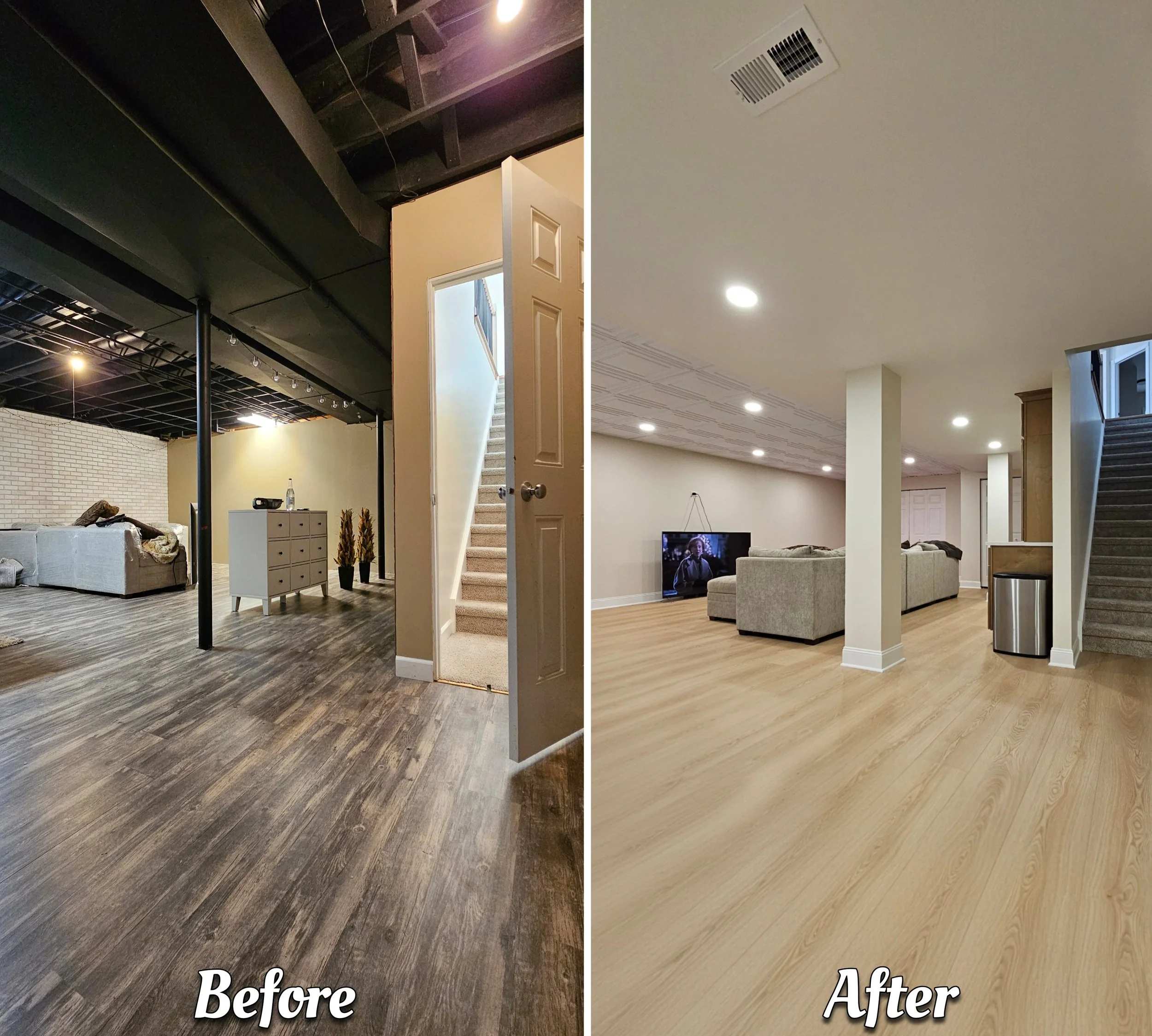 Comparison of a basement before and after renovation. The 'Before' side shows a room with dark wood flooring, black ceiling beams, and a brick wall, with furniture and supplies. The 'After' side displays the same room with light-colored wooden floori