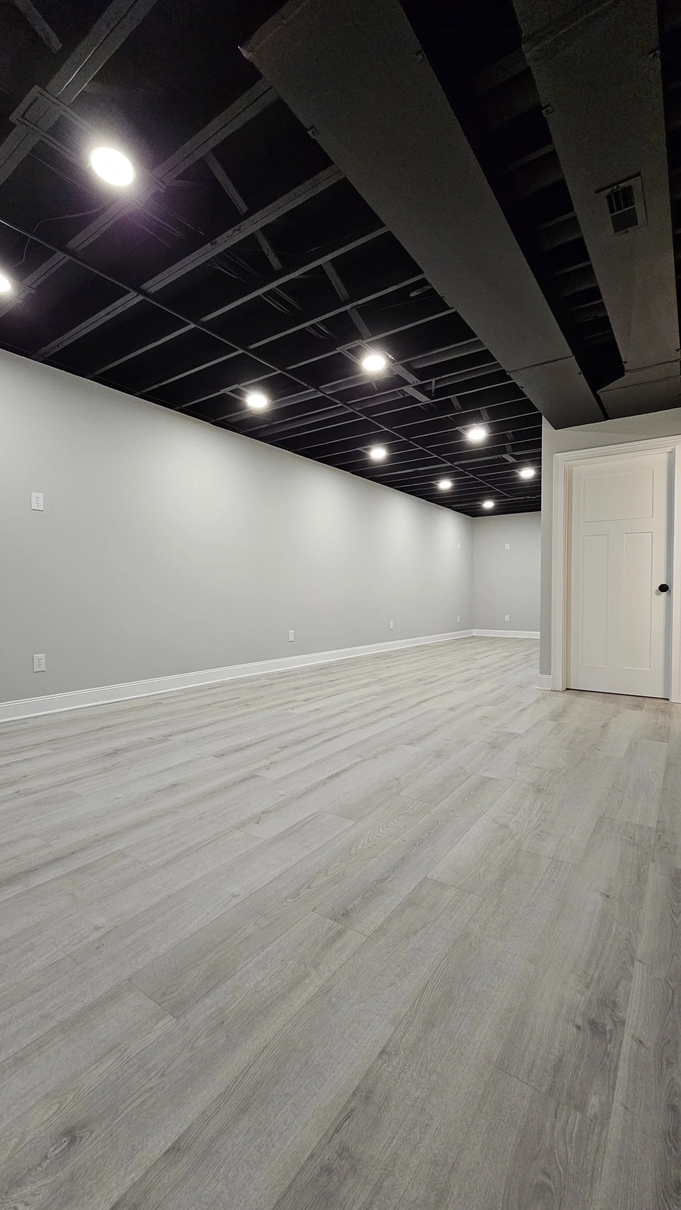 Empty room with light-colored wood flooring, gray walls, and a black ceiling with installed lights. There is a white door on the right side of the image.