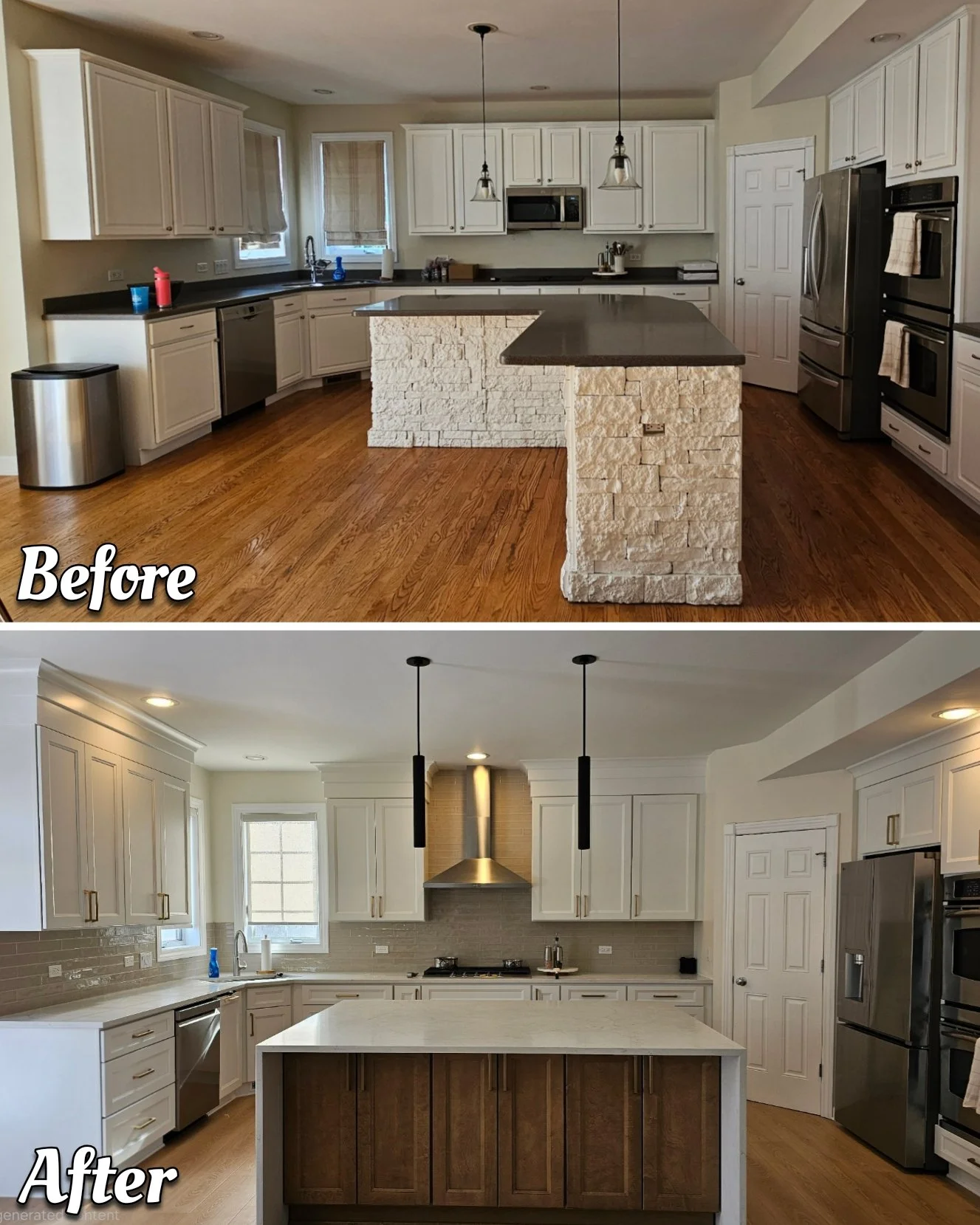 Before and after of an outdated kitchen in Crystal Lake transformed into a modern kitchen with white and brown cabinetry and a large island featuring high-end waterfall countertops.