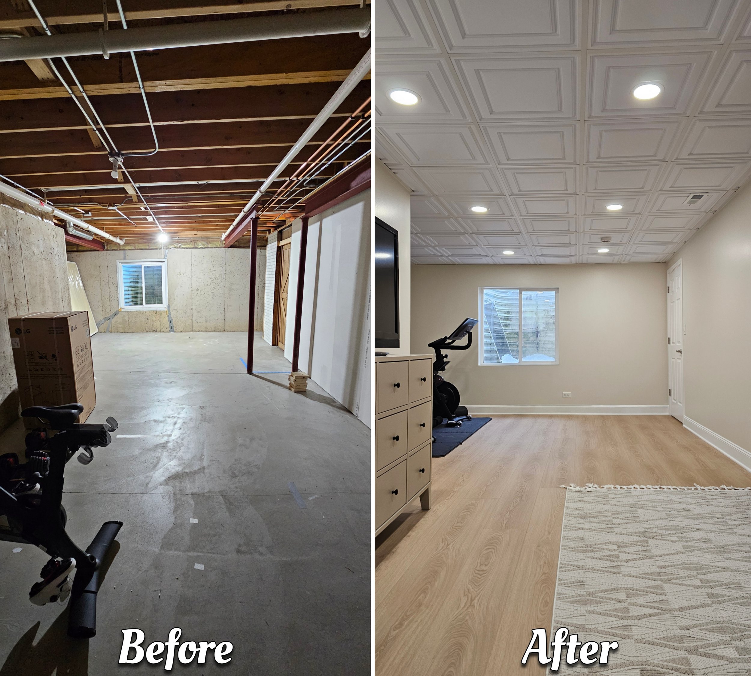 Comparison of a room before and after remodeling. The 'before' side shows an unfinished basement with exposed wooden ceiling beams, pipes, insulation, concrete floor, and a small window. The 'after' side shows a finished, remodeled space with a white