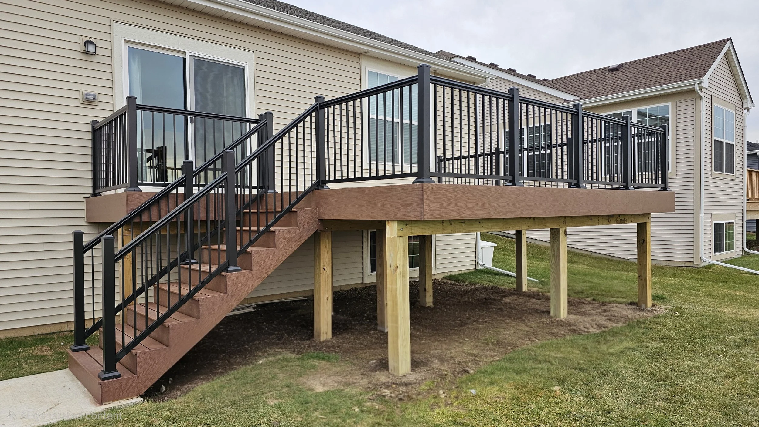 New wooden deck with black metal railing attached to the back of a beige house, accessed by a staircase with brown steps.