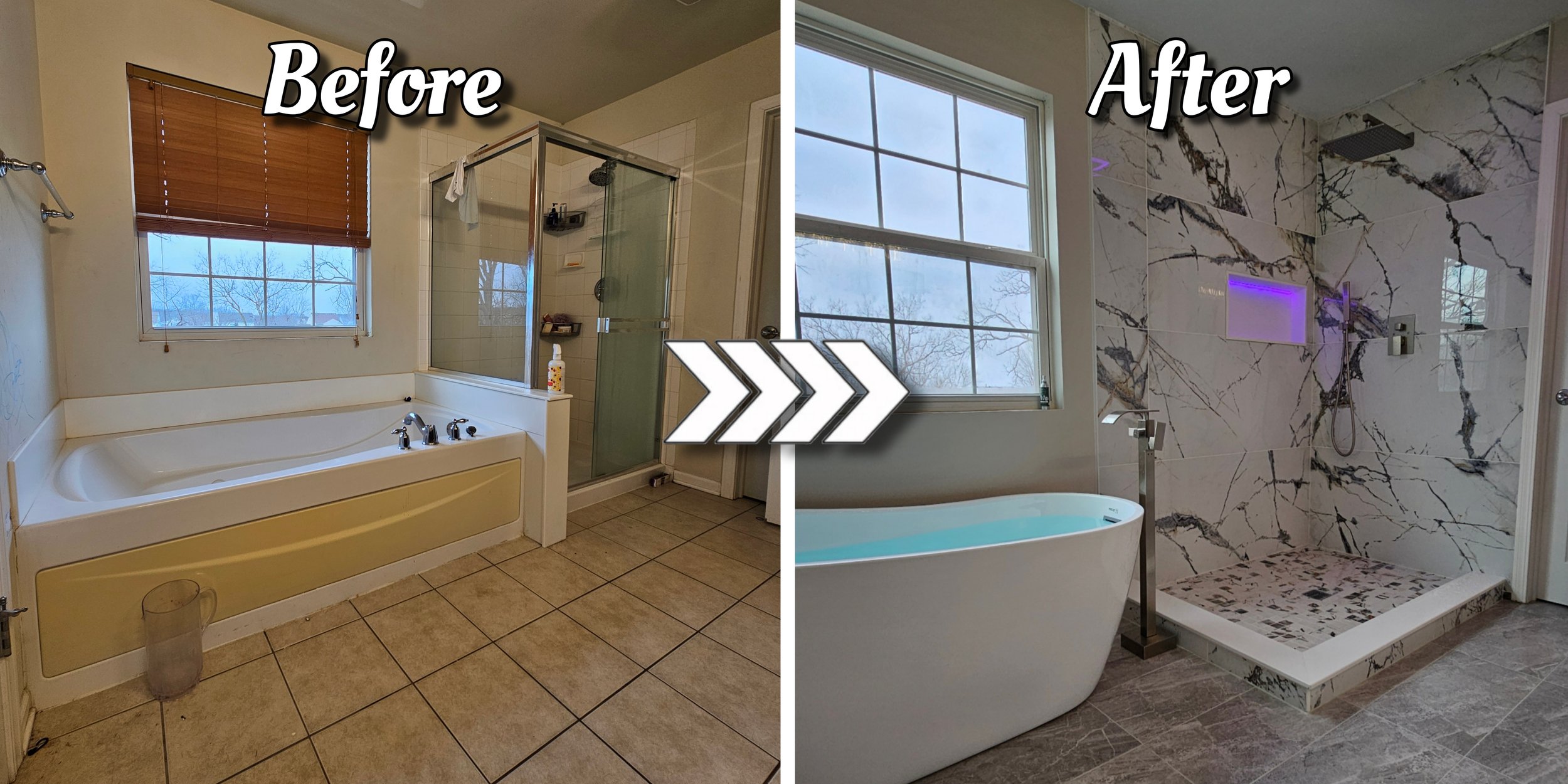 Luxury master bathroom remodel in Algonquin featuring a new walk-in shower with large format tiles, LED shampoo niche, and a freestanding tub.