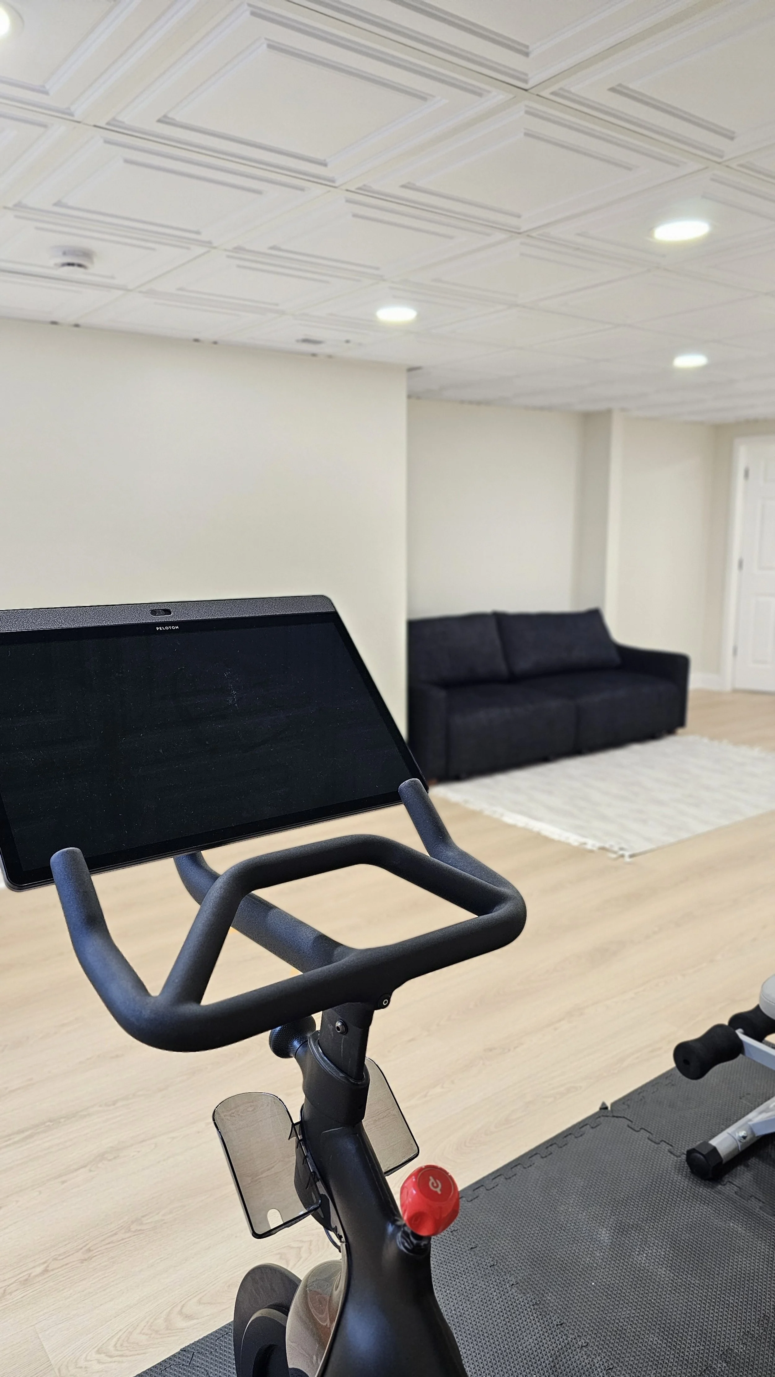 Interior room with exercise bike in the foreground, black sofa on a white rug in the background, plain white walls, decorative ceiling with tiles, and wood flooring.