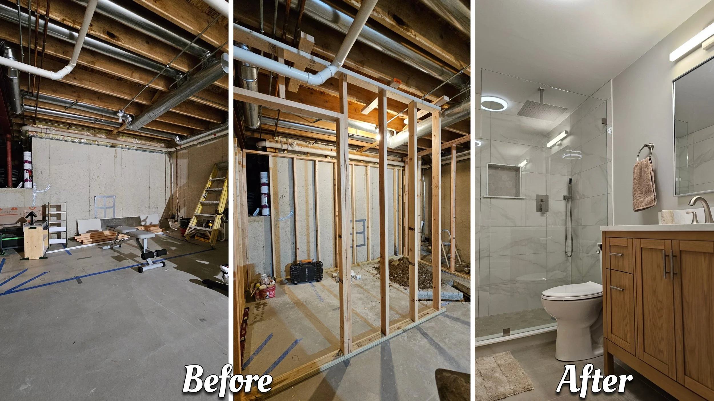 A side-by-side comparison of a basement renovation showing progress. The 'Before' image depicts an unfinished space with exposed pipes, a concrete floor, and construction materials. The 'After' image shows a finished bathroom with marble walls, a sho
