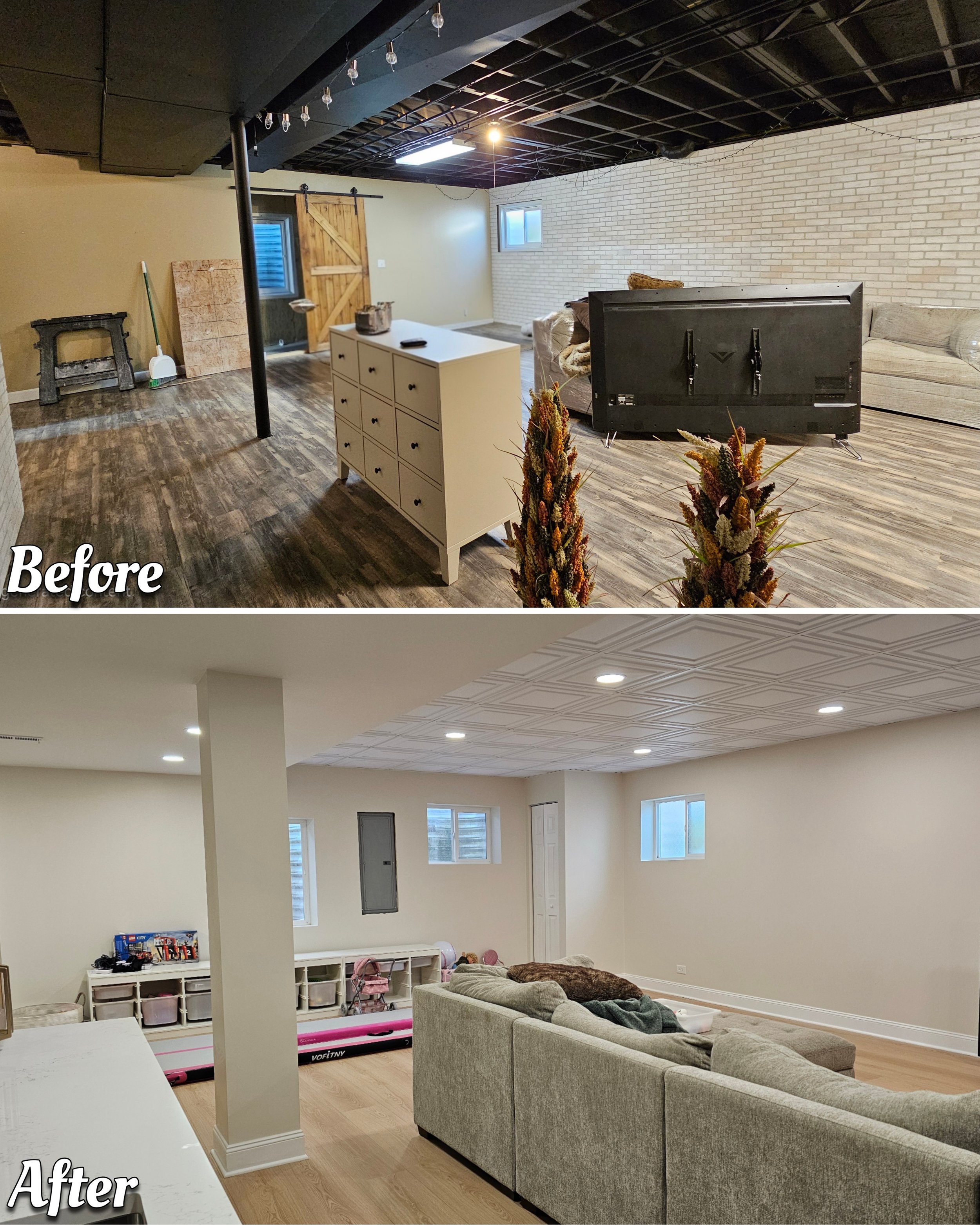 The before image shows a basement with unfinished ceiling, dark wood flooring, a small white dresser, a black couch, and construction materials. The after image shows a renovated basement with finished ceiling, light-colored walls, new wood flooring,