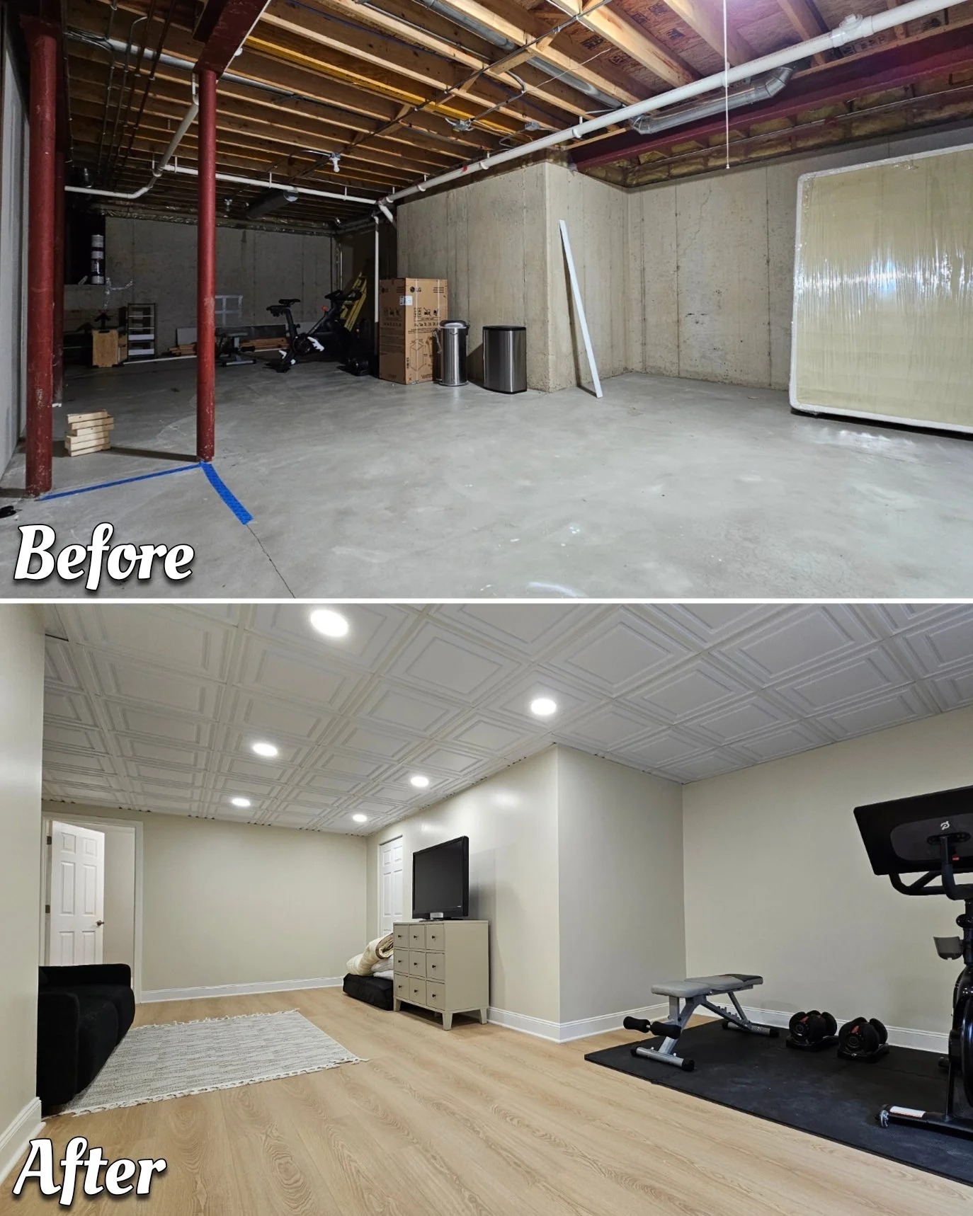 Finished basement recreational and gym room in Crystal Lake with exercise equipment, laminate flooring, and modern lighting.