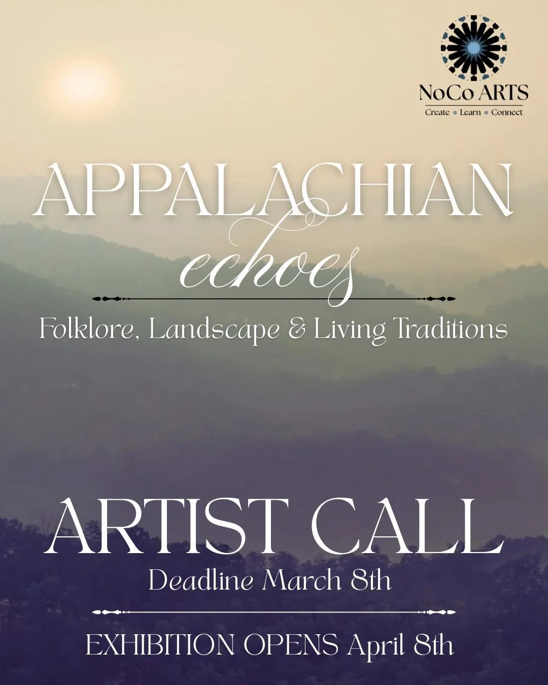 Yellow to teal background of blue ridge mountains - title reading Appalachian Echoes, Folklore, Landscapes, and Living Traditions Artist Call