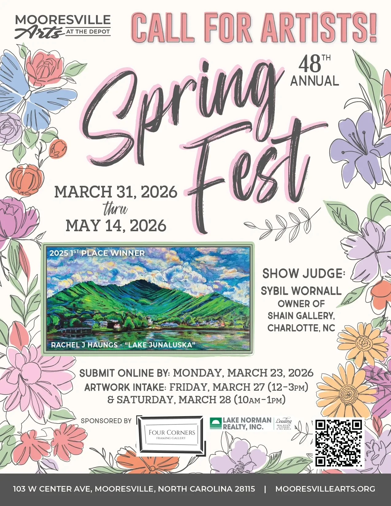 SpringFest Flier for Mooresville Arts - Call for Artist - Floral white background - March 31-May 14 2026