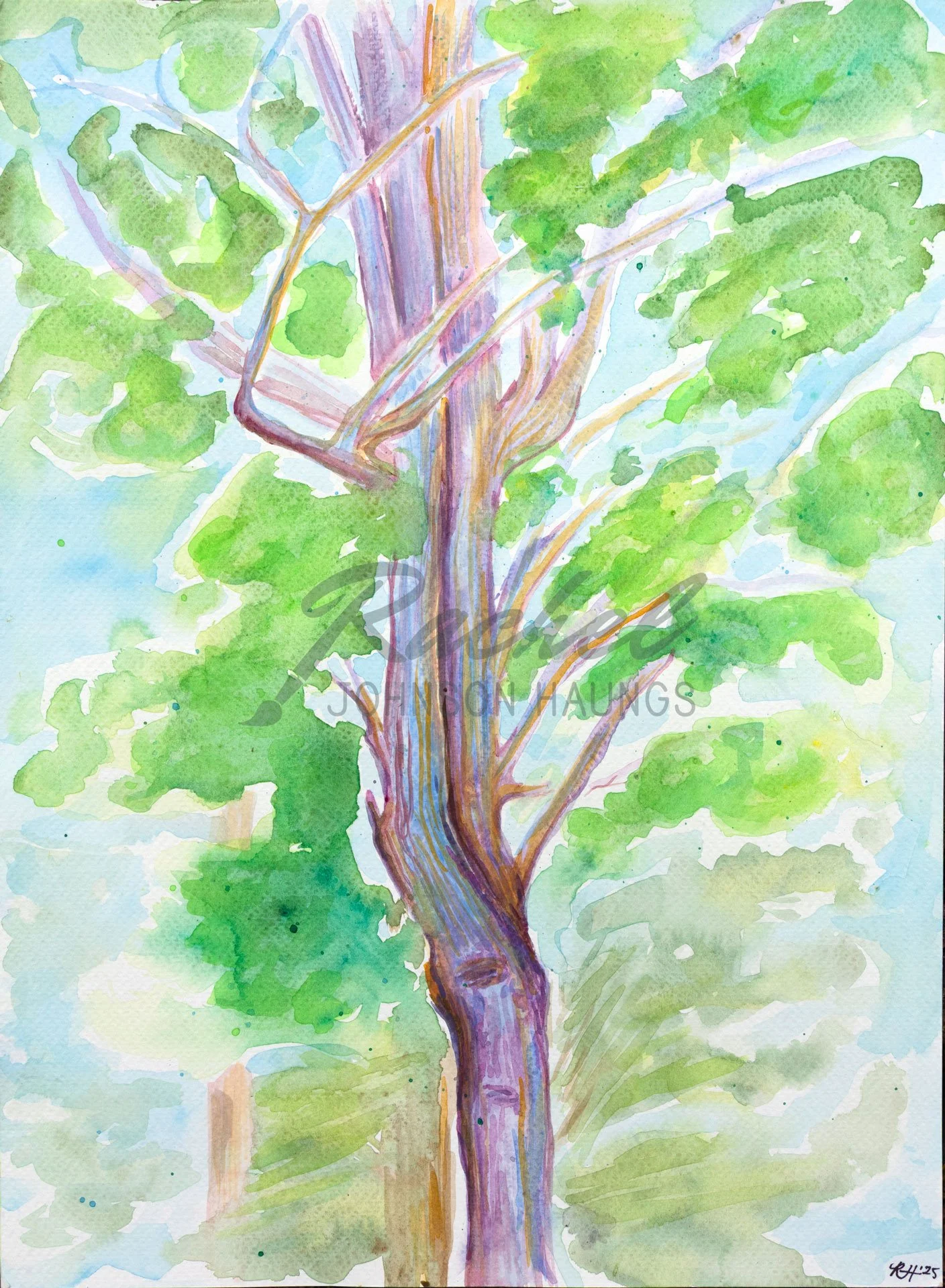 water media painting of a tree shown in bright purple with a vivid blue background and bright green leaves in loose water colour with watercolor paper texture
