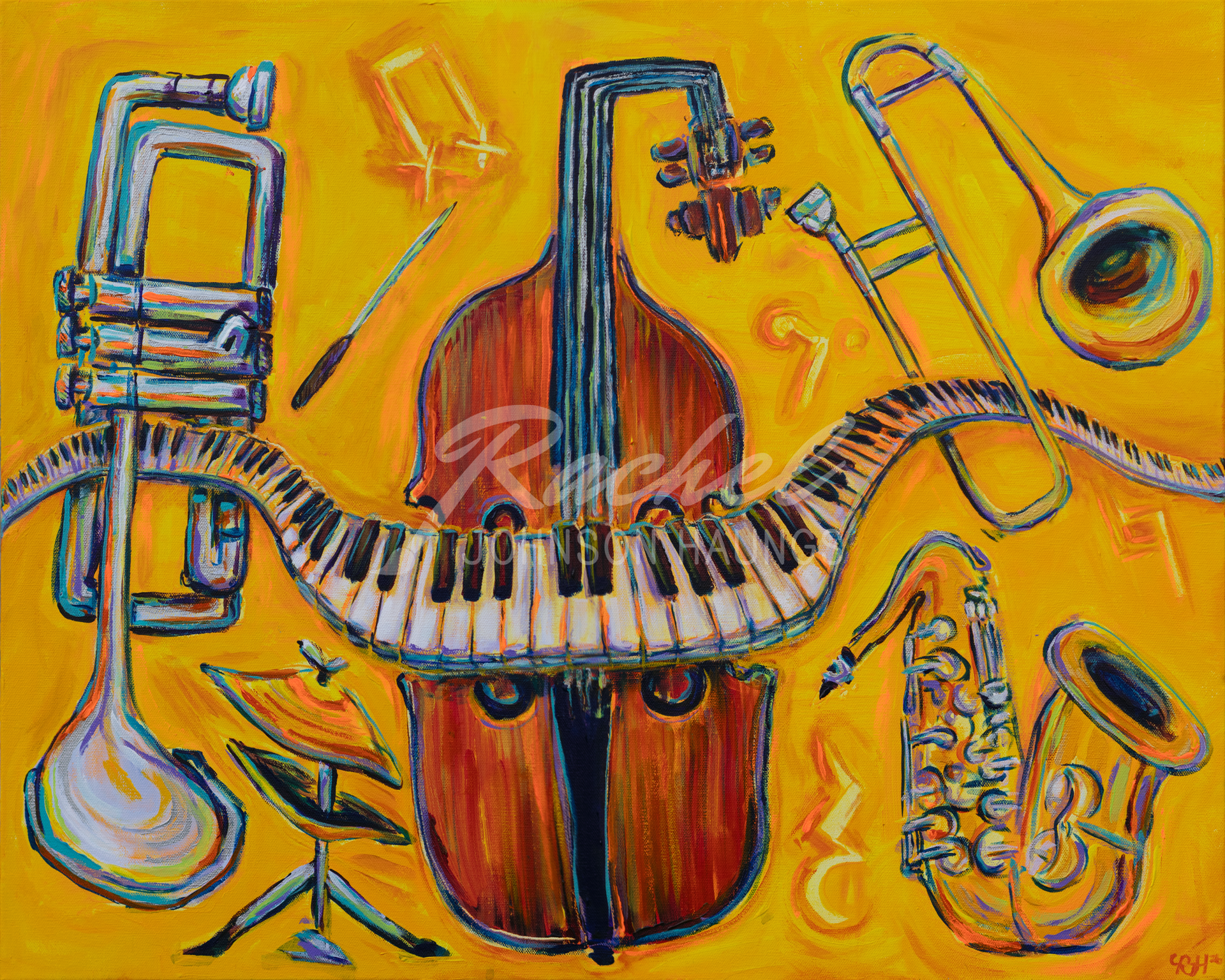 Rachel-J-Haungs_Mary-Lou-Williams_30x24-acrylic-musical-portrait-upright-bass-trumpet-saxophone-trombone.png