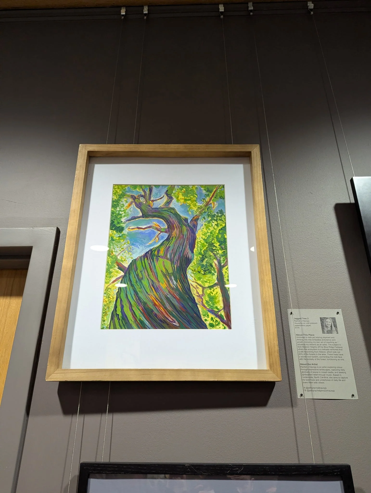 Photograph of Jagged Tree 2 in vibrant hues with a white matte and wooden frame on display at the Gallery at Morning Star