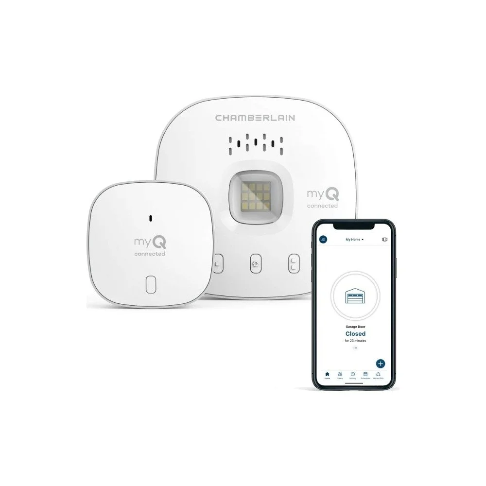Chamberlain myQ smart garage control hub, door sensor, and phone app