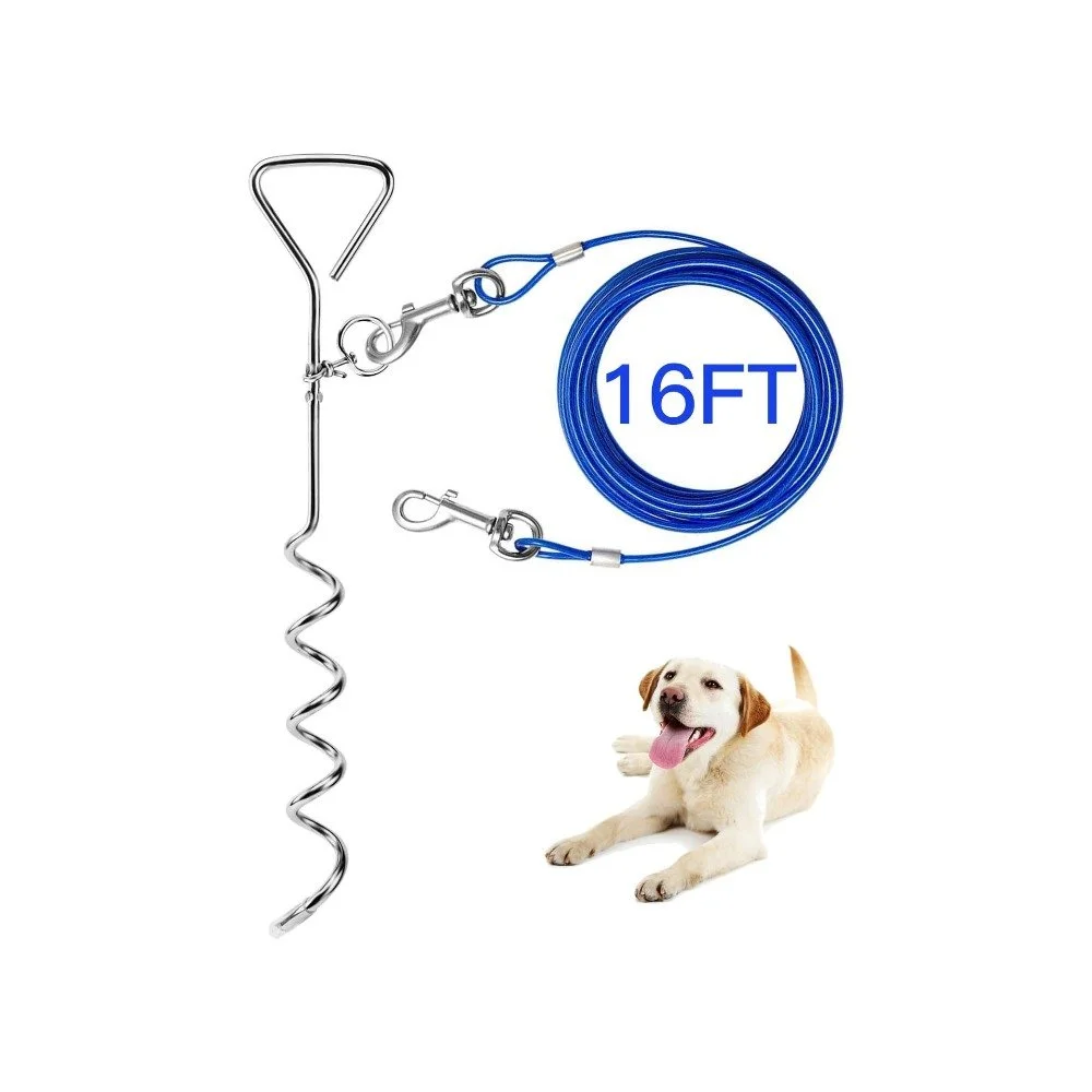 Blue 16-foot dog tie-out cable with spiral ground stake