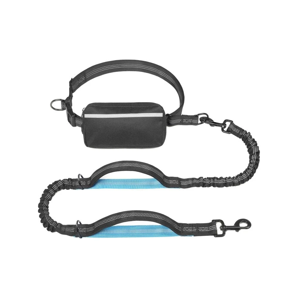 Black hands-free dog leash with zipper waist pouch and bungee lead