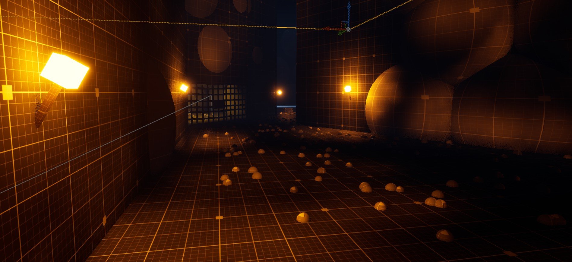 Leading lines created with torches, rocks, depth of field perception, and a narrowing hallway.