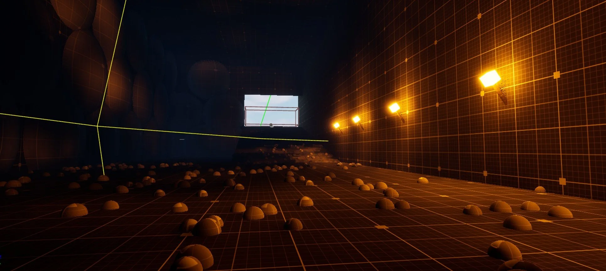 This is the end of the level, which is a ramp to get out of the cave. This also features a leading line using a ramp and torches to guide the player towards the light at the end of the tunnel.