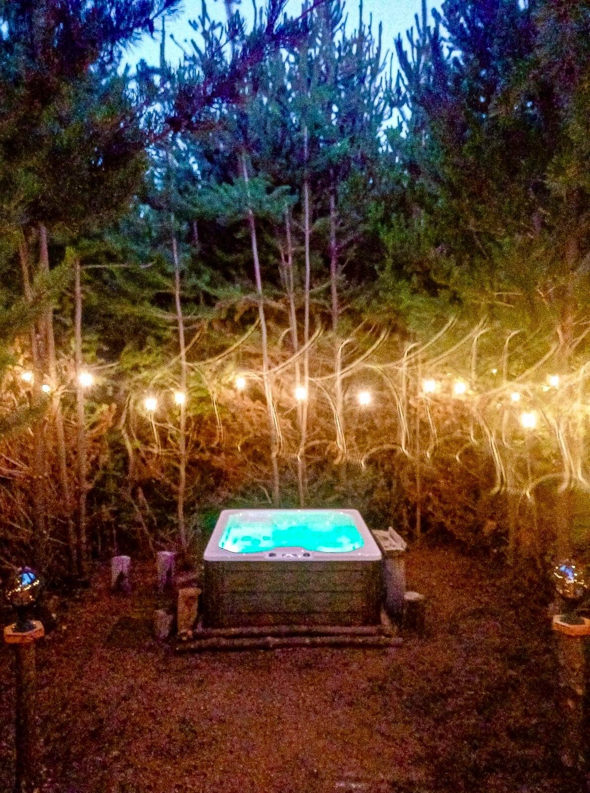 Hot tub in a backyard surrounded by trees and string lights at dusk.