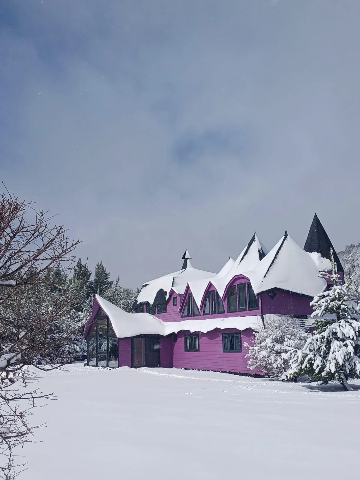 A large purple house with snow-covered rooftops and pointed towers, surrounded by snow and trees.