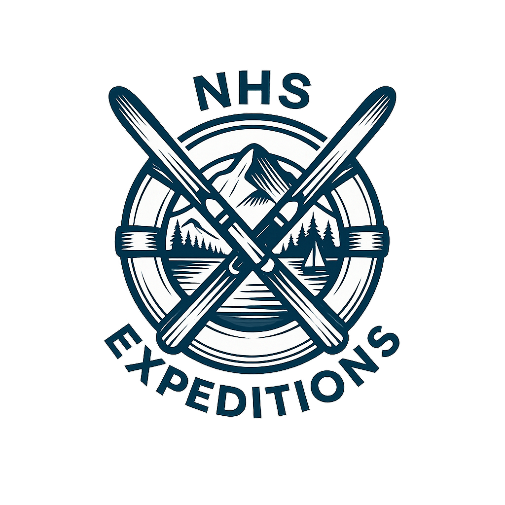 NHS Explorations logo featuring two crossed knives in front of a mountain, trees, a lake with a small boat, and a tent, with the text 'NHS' above and 'Explorations' below.