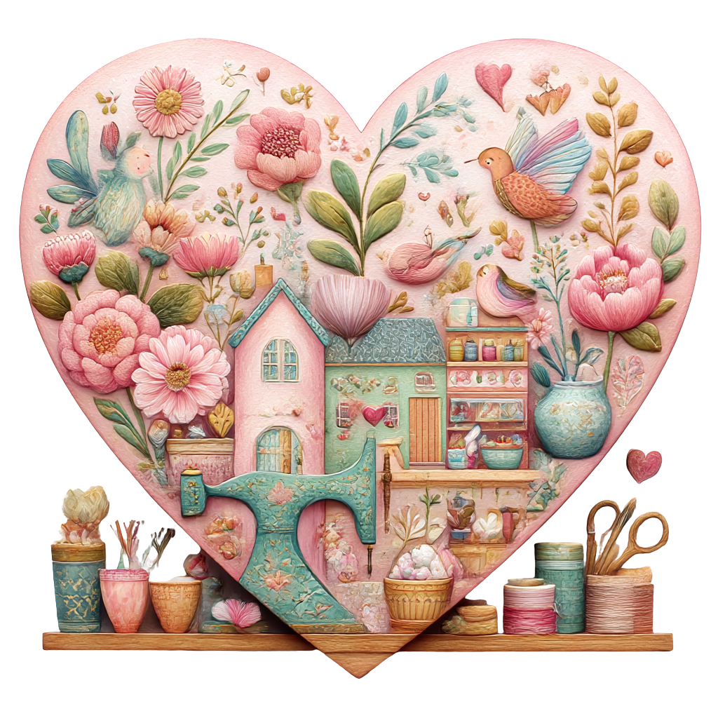 Decorative heart-shaped artwork featuring pastel-colored flowers, birds, a small house, and crafting supplies.