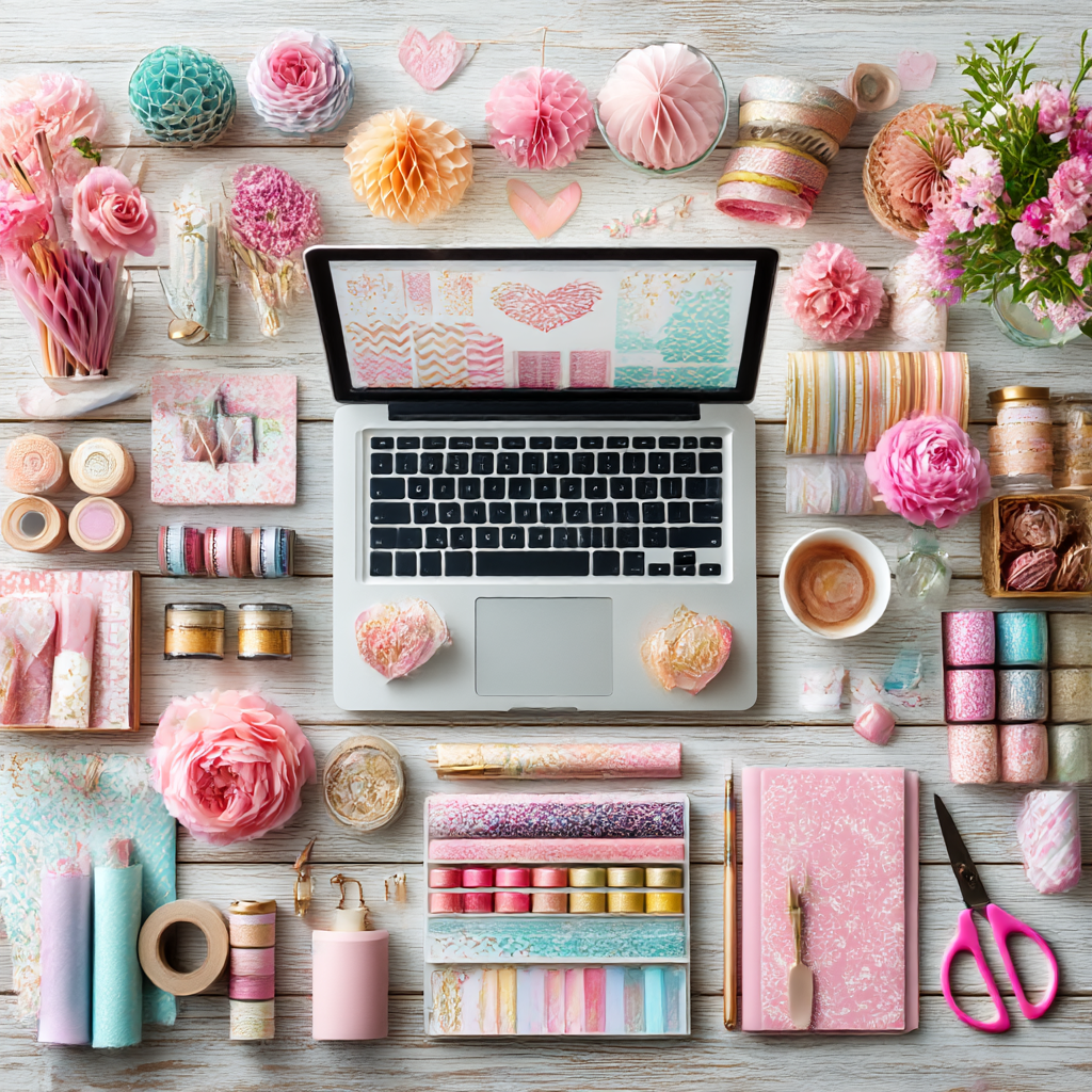 A flat lay of crafting supplies, including pastel-colored paper, ribbons, washi tapes, scissors, notebooks, a laptop, and pink flowers on a white wooden surface, suitable for decorating or scrapbooking.