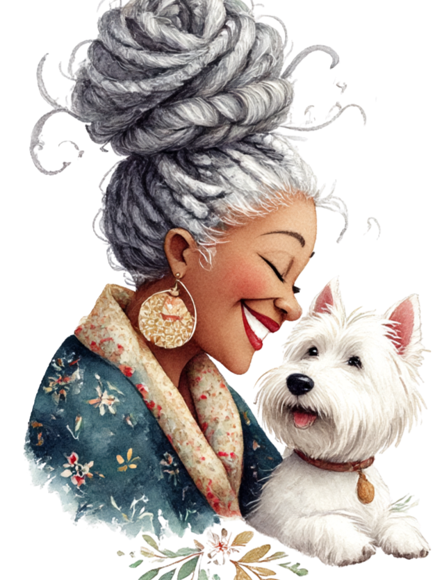 Illustration of a woman with gray dreadlocks, wearing large patterned earrings and a floral shawl, smiling with her eyes closed while leaning toward a white dog with a joyful expression.
