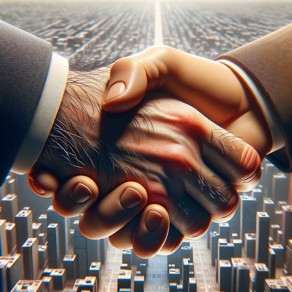 Une image numérique d'une poignée de main entre deux personnes portant des costumes, surplombant une ville avec des gratte-ciel.