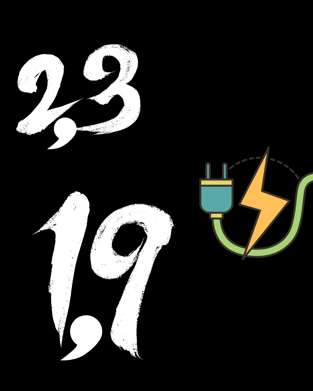 Dates 23 et 19 en grandes caractères blancs sur fond noir, illustration d'une prise électrique avec une fiche et une lightning bolt.