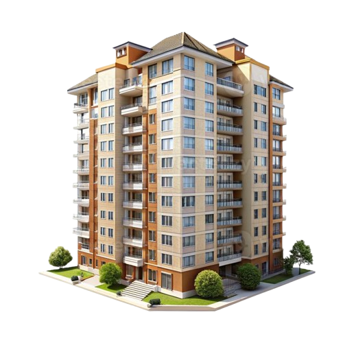 immeuble résidentiel de plusieurs étages avec balcons, entouré d'arbustes et d'arbres, avec un accès par des escaliers