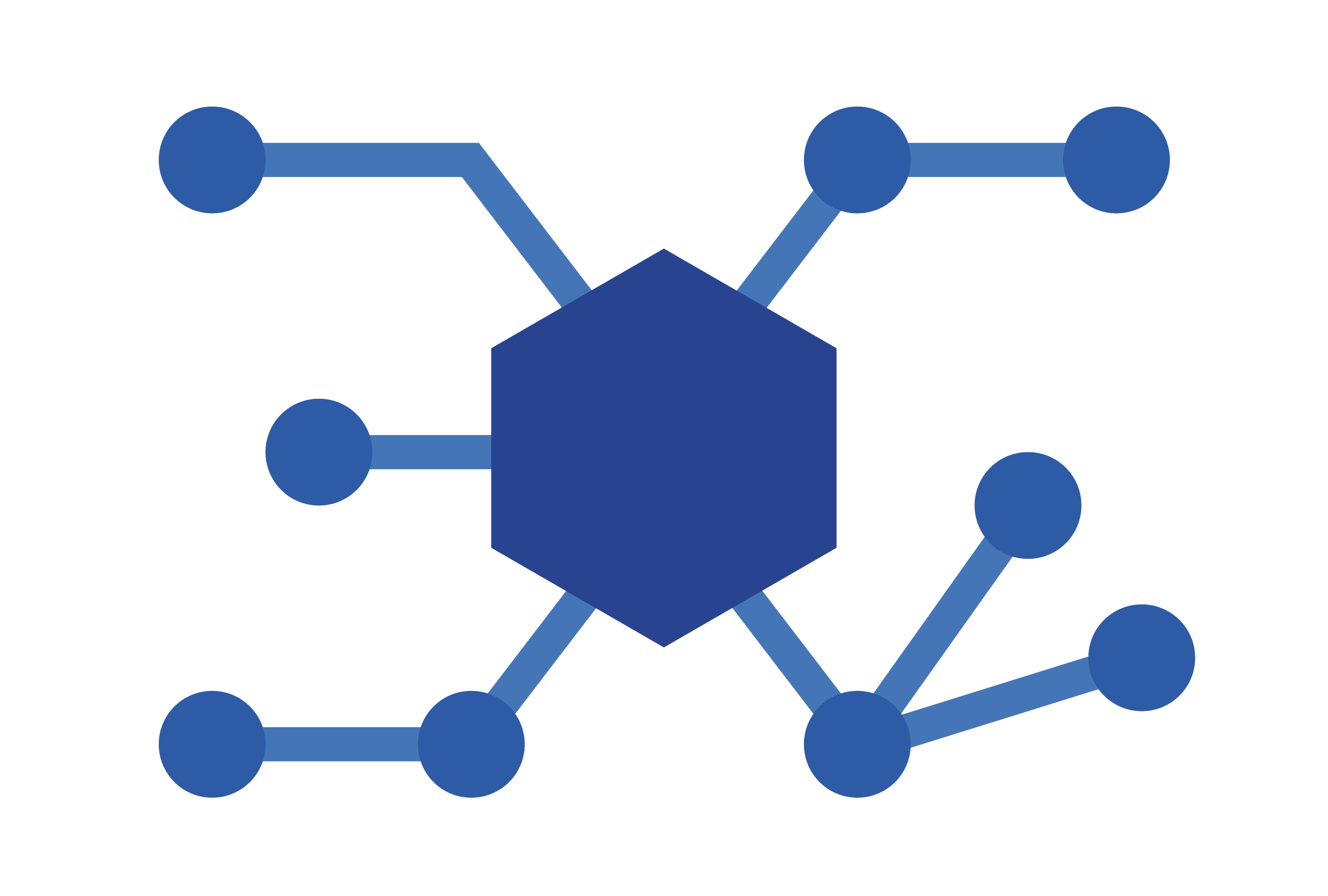 A diagram of a central hexagon connected to multiple circles with lines, illustrating a network or molecular structure.