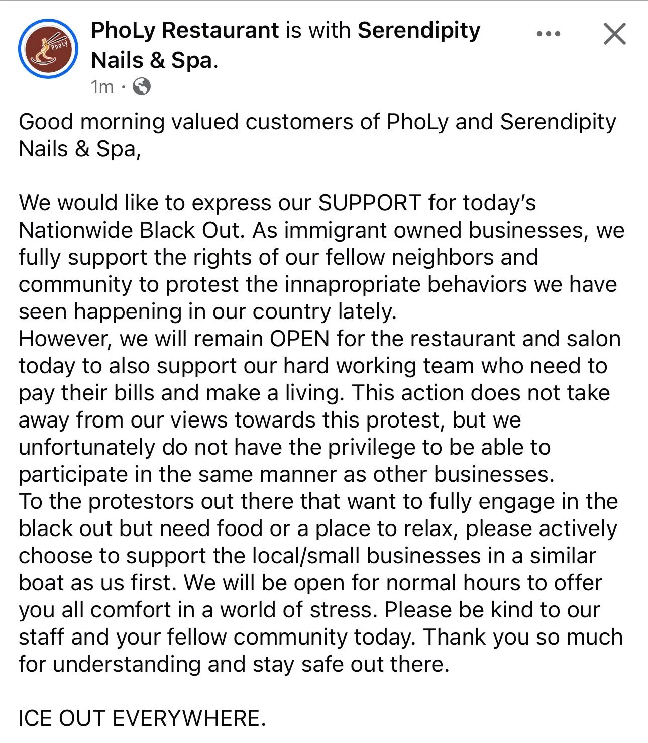 We STAND with our community but will remain OPEN for both businesses and staff&rsquo;s sake to make a living. Stay safe, support small and ICE OUT EVERYWHERE