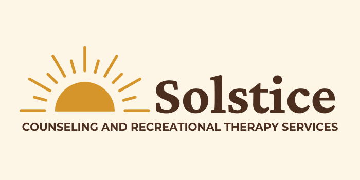 Logo for Solstice Counseling and Recreational Therapy Services featuring a stylized sunrise or sunset icon with rays and the company name.