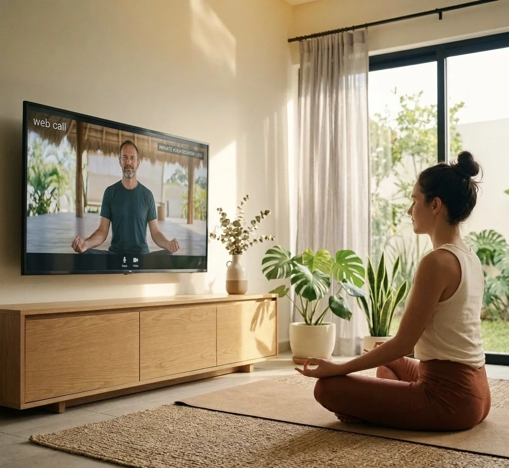 A woman practicing yoga or meditation while watching a virtual yoga instructor on a TV screen in a bright, cozy living room with large windows and houseplants.