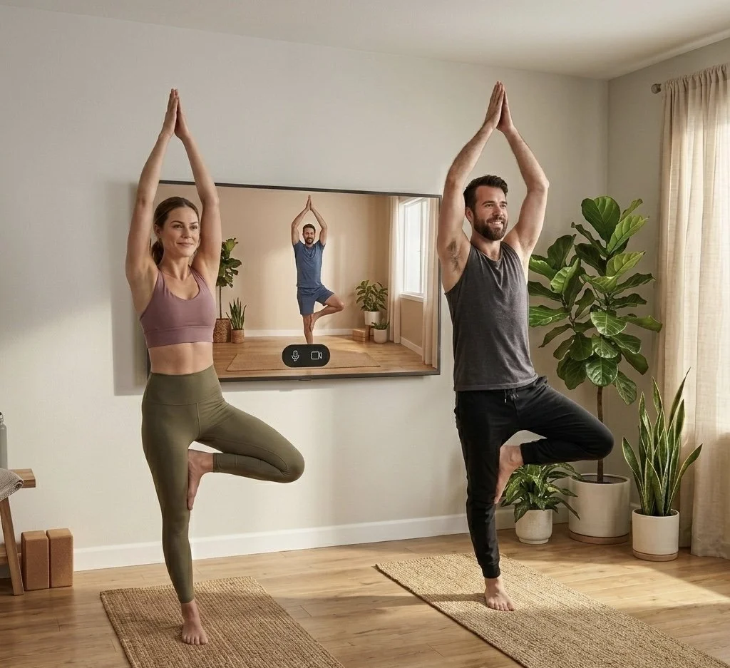 A man and woman practicing yoga indoors while being recorded by a video call on a TV. Both are standing on yoga mats, balancing on one leg with hands raised overhead in a tree pose. The TV shows a man in a similar pose doing yoga in a room with plants, a window, and a mirror. The room has hardwood floors, a large plant, and beige curtains.